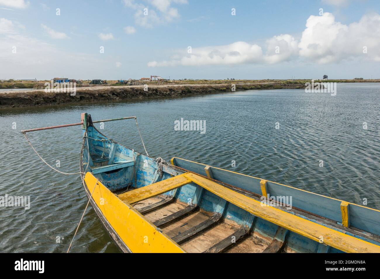 Marais salés côtiers, marécages d'Aveiro avec vieux bateaux portugais, réserve naturelle, Portugal. Banque D'Images