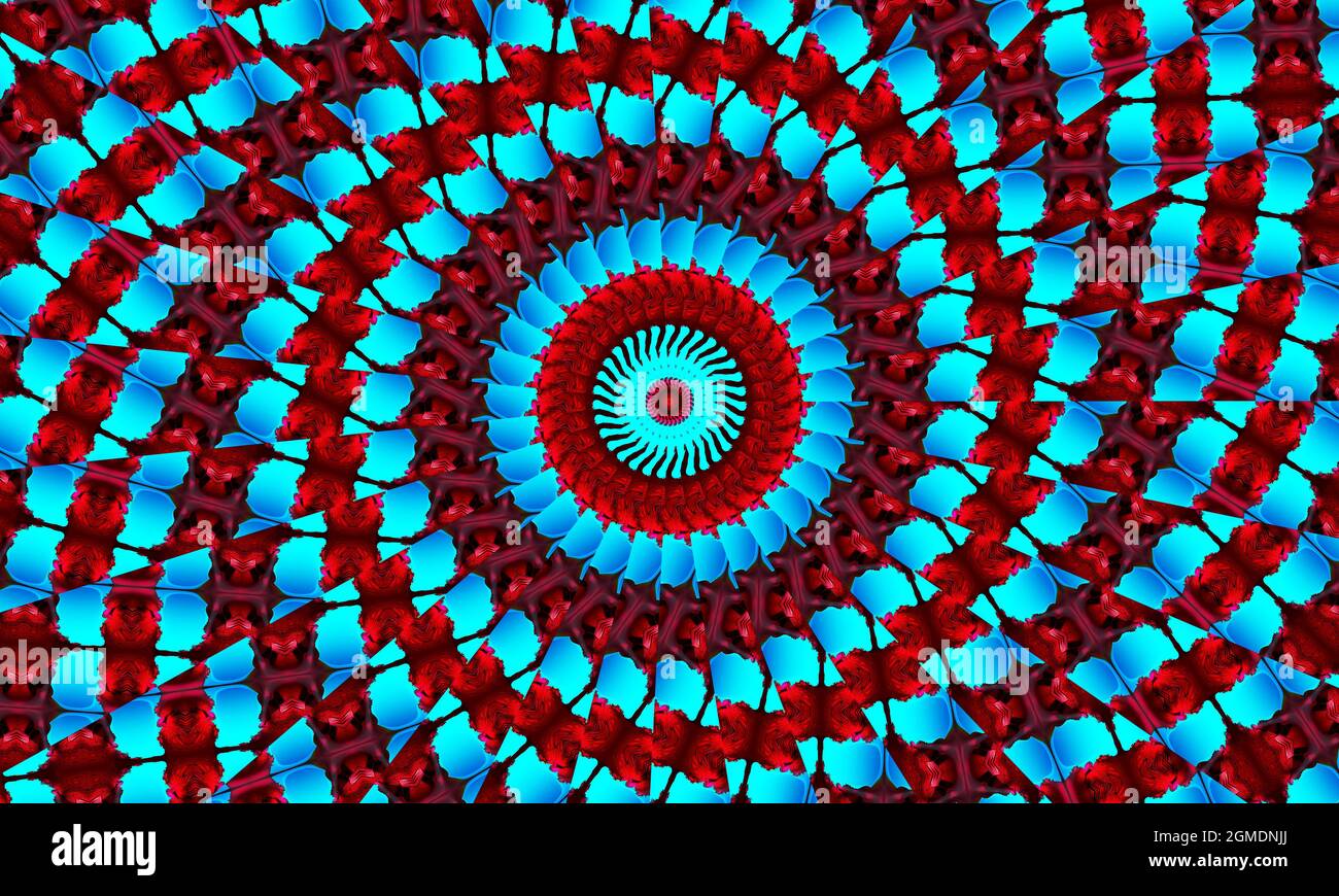 Fleur cyan sur fond d'étoile rose. Papier peint détaillé avec de nombreux cercles, carrés et fleurs décoratives en rangées et colonnes en rose et un ex brillant Banque D'Images