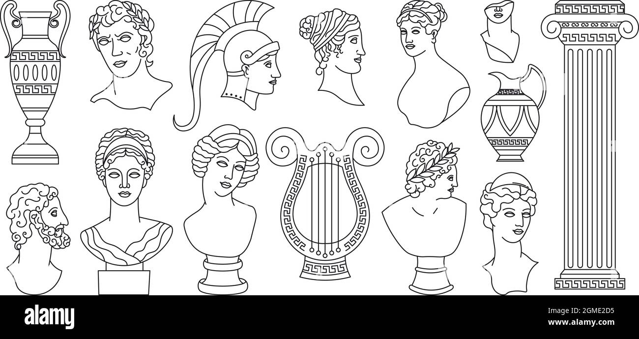 Têtes anciennes de grèce antique, sculptures, éléments architecturaux. Ensemble de statues en marbre grec, vases, déesse buste vecteur illustration. Antique mythique Illustration de Vecteur