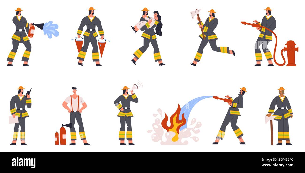 Les personnages de pompier service d'urgence arroser le feu et sauver les gens. Jeu d'illustrations vectorielles de situations d'urgence de lutte contre l'incendie. Pompiers Illustration de Vecteur