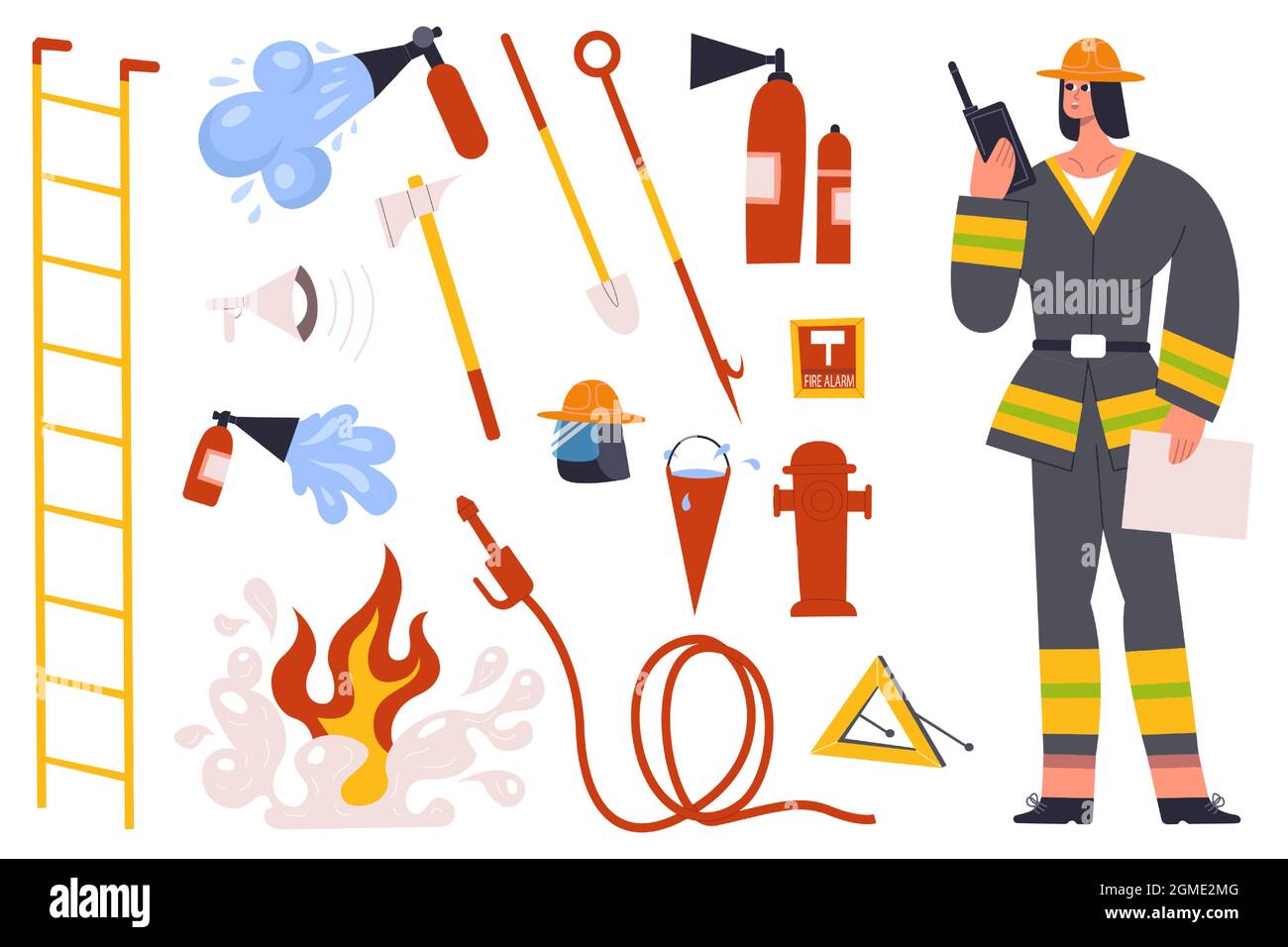 Pompier, personnage de pompier avec outils d'équipement de lutte contre l'incendie. Pompier en uniforme avec borne d'incendie, illustration vectorielle d'extincteur Illustration de Vecteur