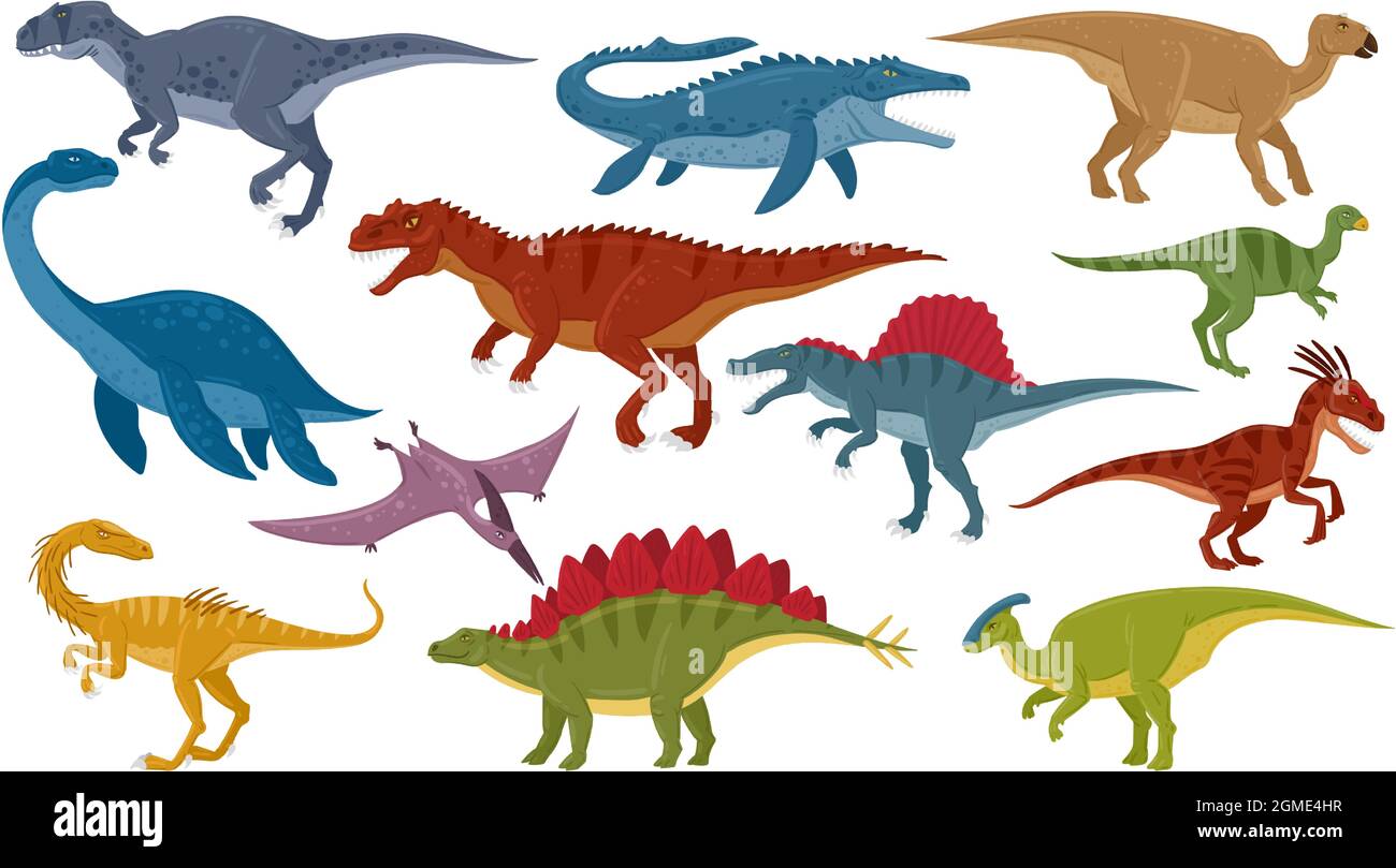 Dinosaures de dessins animés, rapaces de dino éteints jurassiques, prédateurs et herbivores. Reptile des dinosaures jurassiques, tyrannosaurus, stegosaurus, vecteur ptérodactyle Illustration de Vecteur