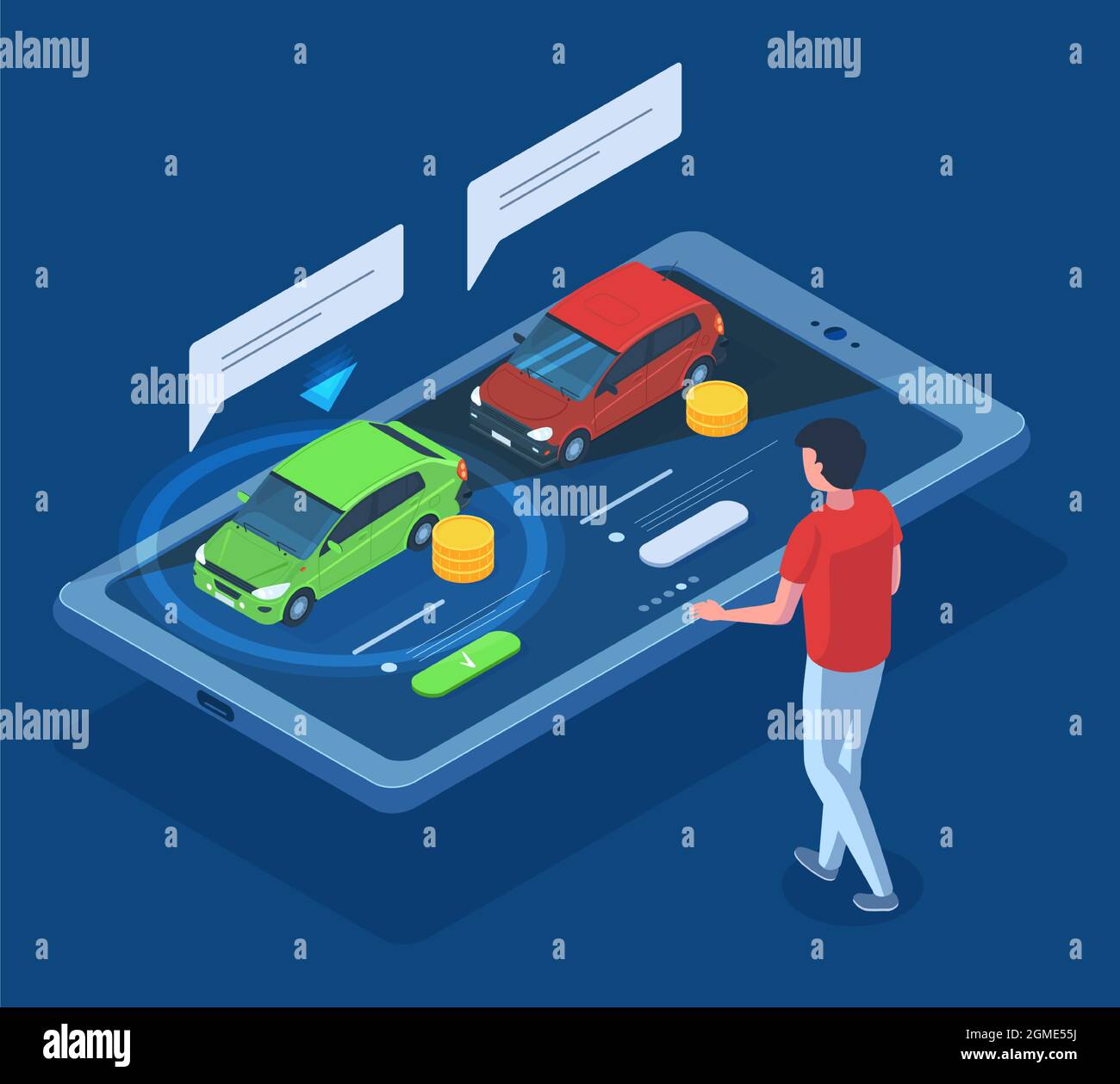 Berline isométrique voiture louer, acheter, carshing 3d concept. Sélection de voiture en ligne, location de voiture, vente, jeu d'illustrations vectorielles de partage de voiture. Voiture en ligne Illustration de Vecteur
