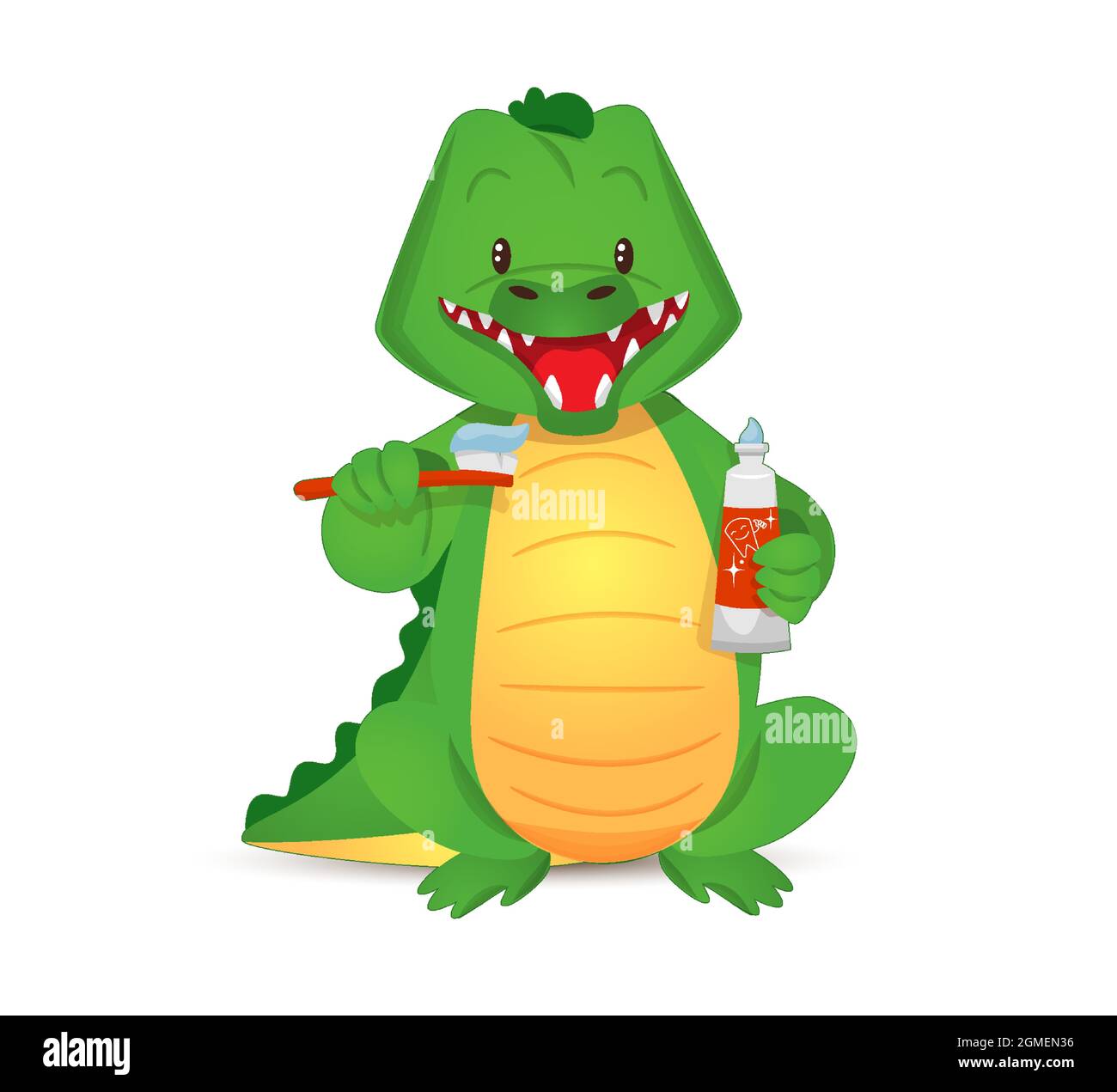 Dents de brossage crocodile vert mignonnes tenant la brosse à dents et le dentifrice dans les pattes.illustration vectorielle de style dessin animé pour les enfants Illustration de Vecteur