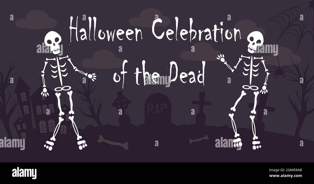 Des squelettes réalistes dansant dans le cimetière d'halloween - illustration vectorielle Illustration de Vecteur