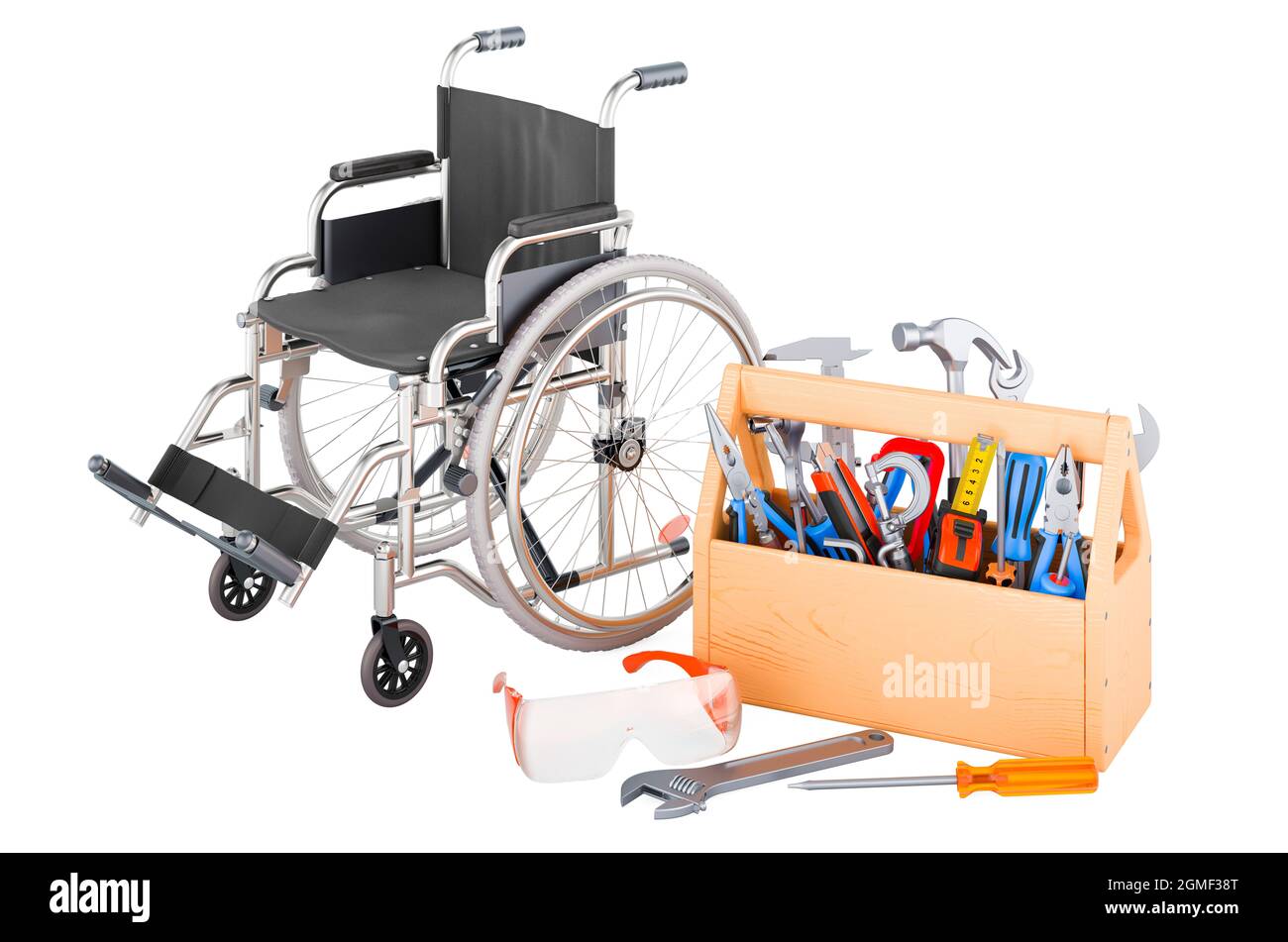 Fauteuil roulant manuel avec boîte à outils. Entretien et réparation d'un fauteuil roulant manuel, rendu 3D isolé sur fond blanc Banque D'Images