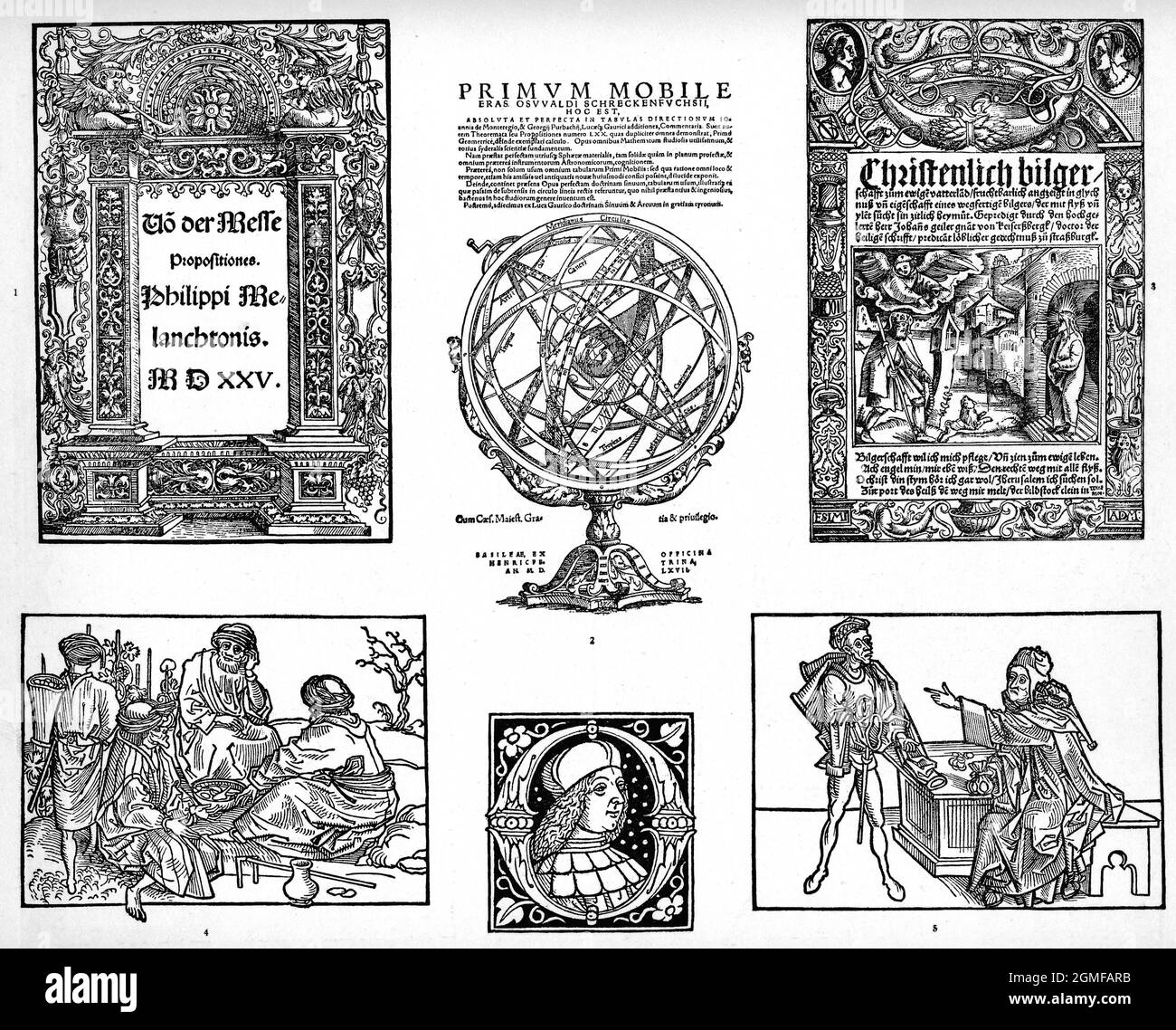 Cadres de Hans Springinklee (1) et Urs Graf (3), titres de livres de la presse de Henric Petri à Bâle (2). Coupures de B. von Breydenbach's Journey to Banque D'Images