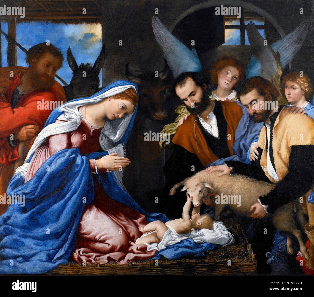 Adoration des bergers par Lorenzo Lotto (c.1480-1556), huile sur toile, 1530 Banque D'Images