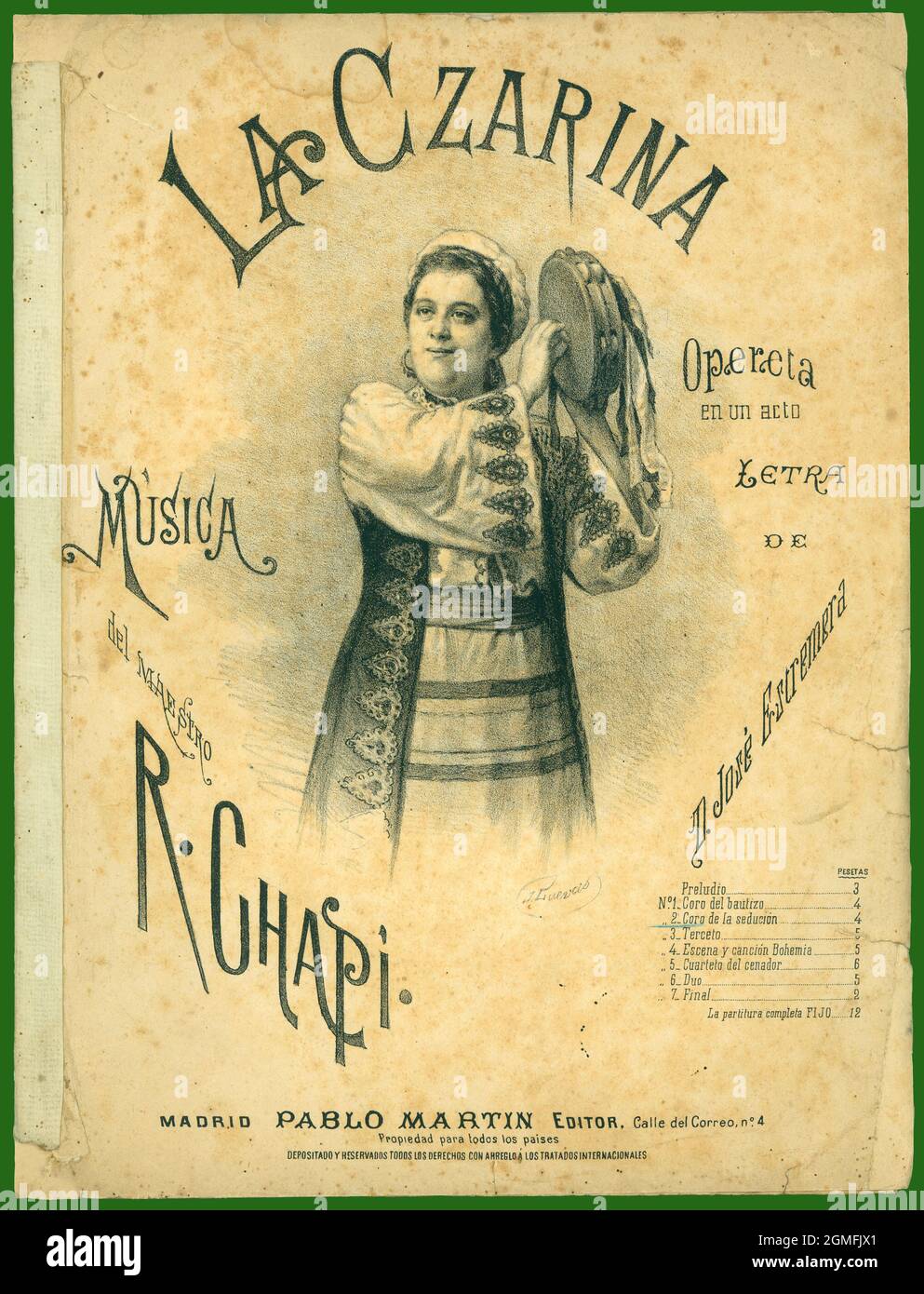Partitura musical de la opéeta la Czarina, de Ruperto Chapí. Madrid, año 1905. Banque D'Images