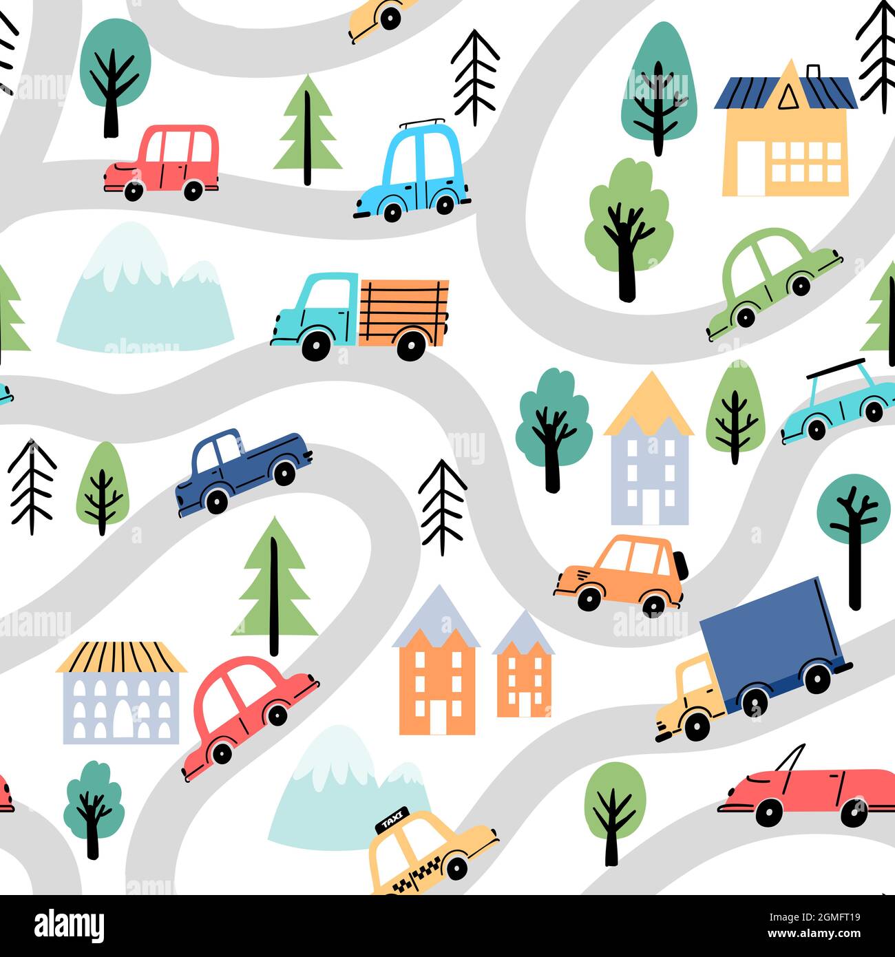 Routes et voitures de dessin animé, plan de la ville enfant sans couture modèle. Papier peint avec rue, arbres, maisons et camions. Motif de voyage pour une texture vectorielle Illustration de Vecteur