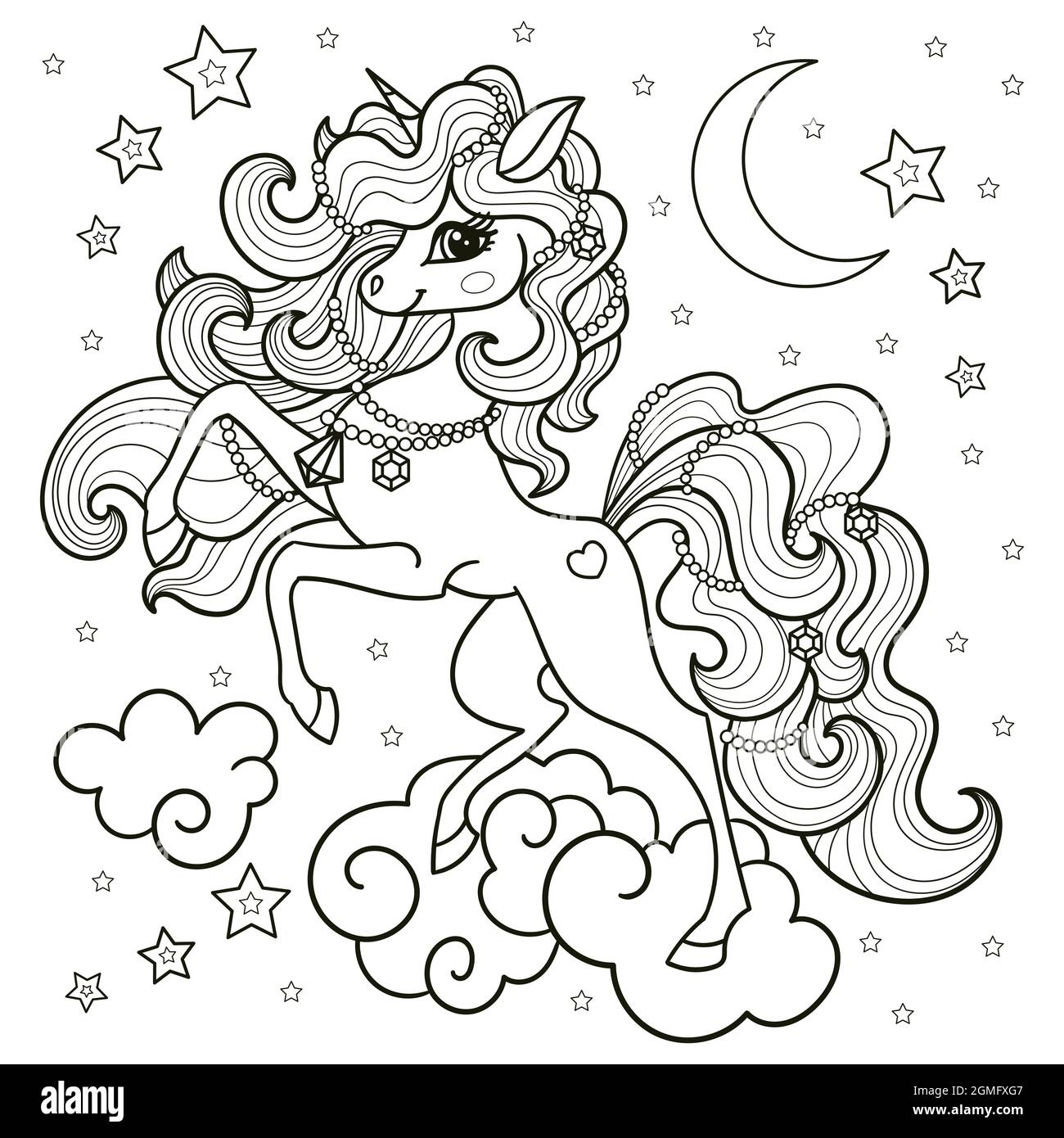 Belle licorne dans le ciel.Dessin linéaire noir et blanc pour colorier.Vecteur Illustration de Vecteur