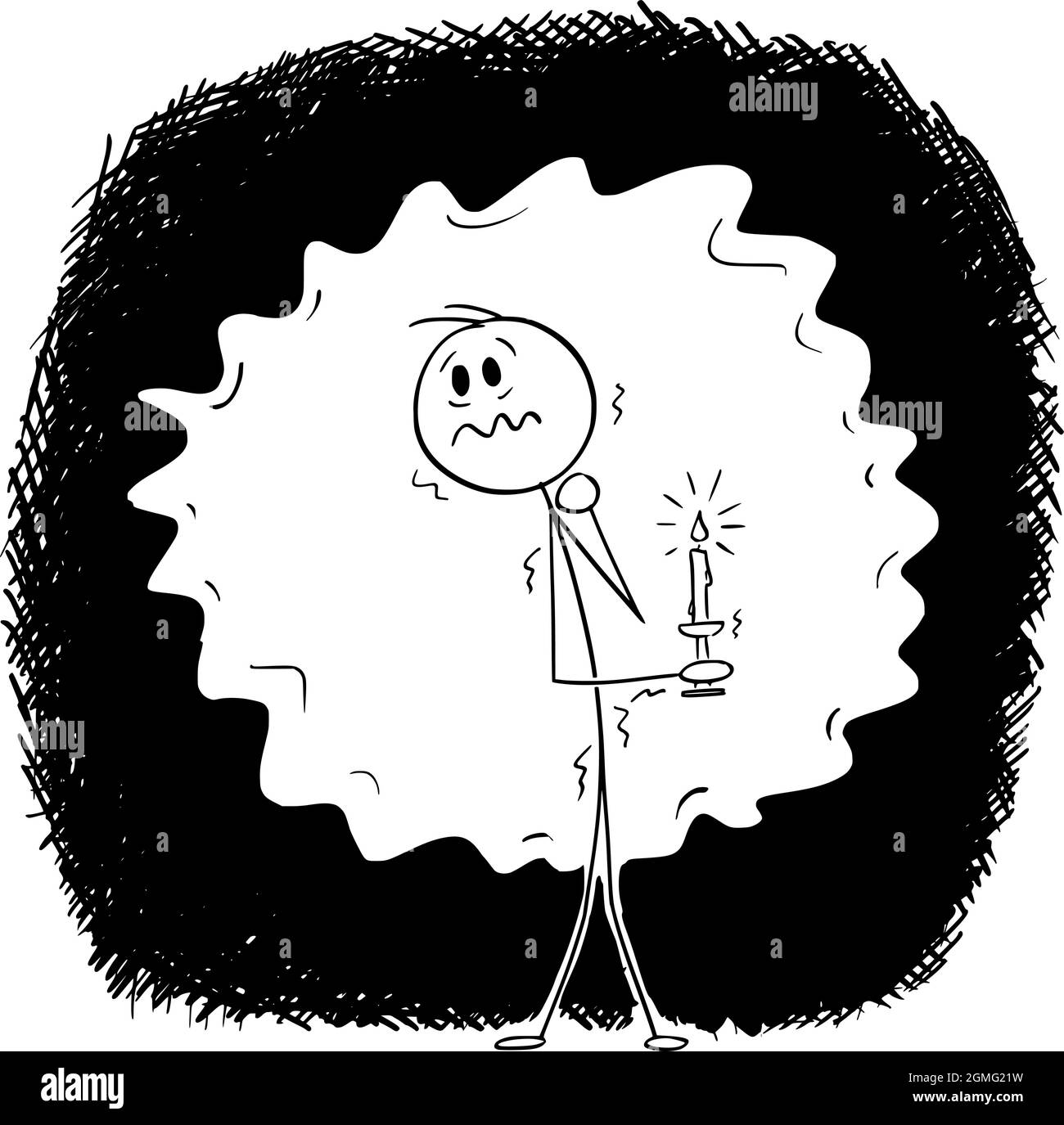 Homme effrayé dans une bougie de maintien sombre, bâton de dessin animé Figure Illustration Illustration de Vecteur