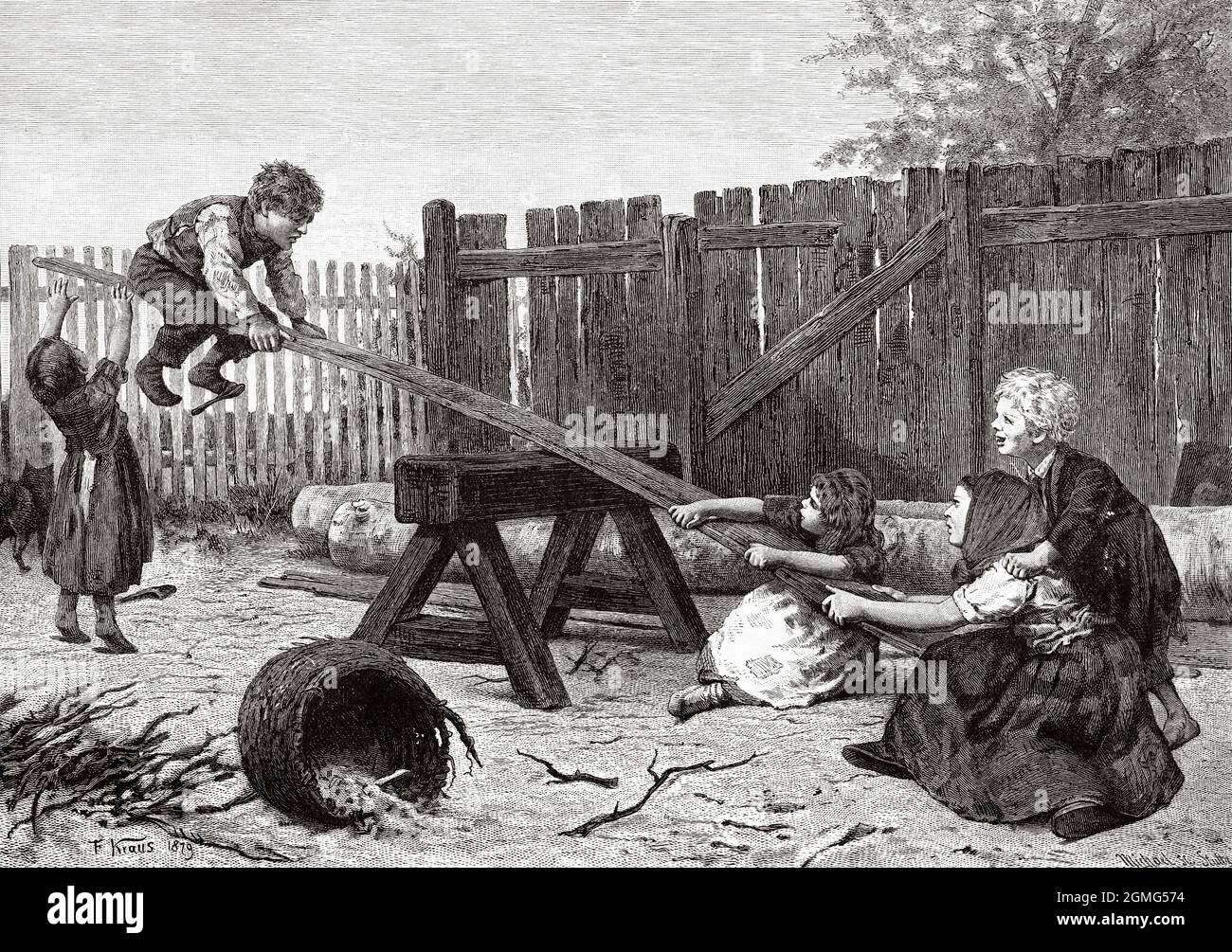 Enfants jouant sur une balançoire, la peinture de Friedrich Kraus (1826-1894) était un graveur, peintre et lithographe allemand du XIXe siècle. Ancienne illustration gravée du XIXe siècle de la Ilustración Artística 1882 Banque D'Images