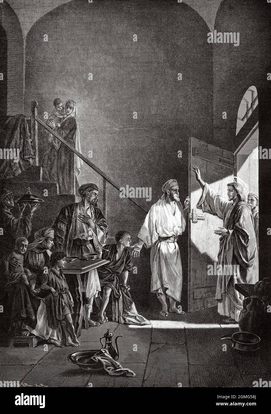 Jésus dans la Maison de Simon le Pharisien. Ancienne illustration gravée du XIXe siècle de la Ilustración Artística 1882 Banque D'Images