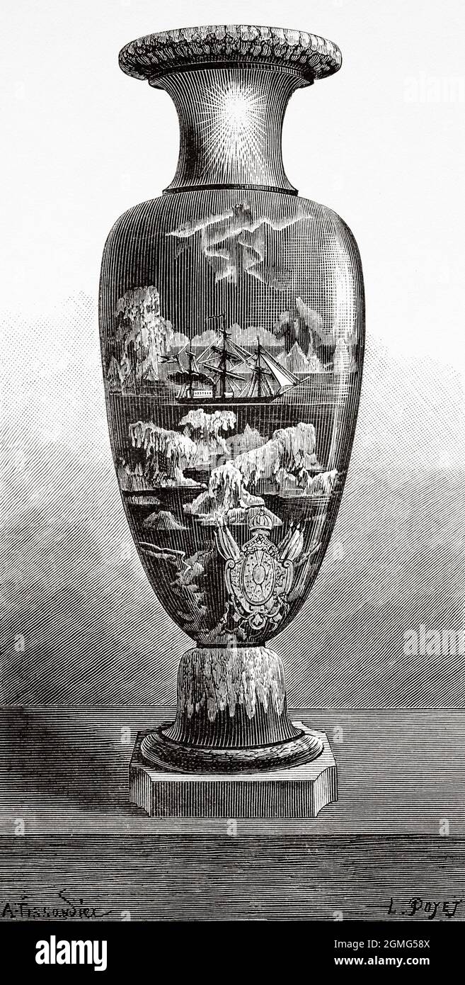 Vase commémorant le voyage du Dr Nils Adolf Erik Nordenskiold (1832-1901) était un aristocrate, géologue, minéralogiste et explorateur de l'Arctique finno-suédois. Il a dirigé l'expédition Vega le long de la côte nord de l'Eurasie en 1878-1879. Ancienne illustration gravée du XIXe siècle de la Ilustración Artística 1882 Banque D'Images