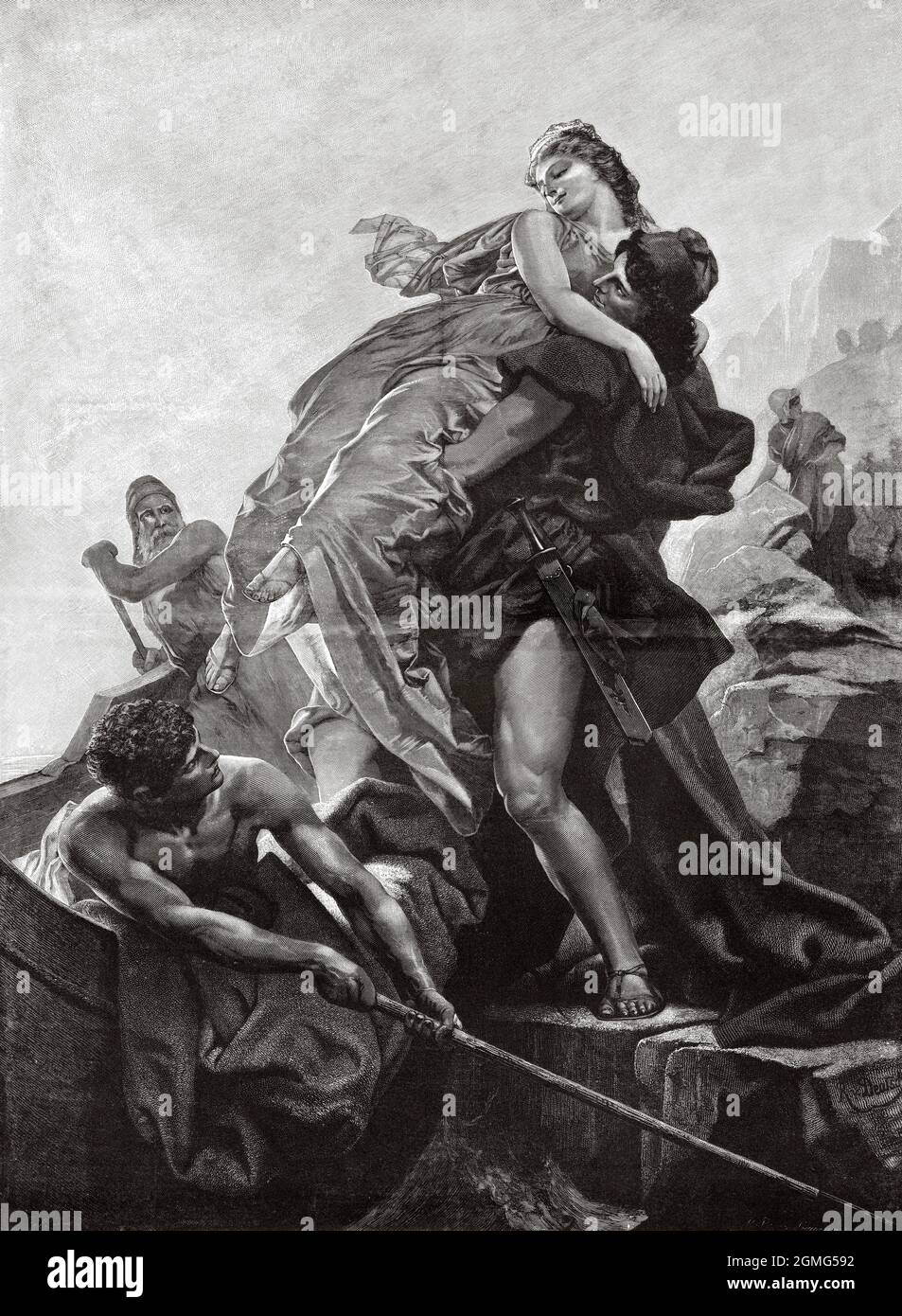 L'enlèvement d'Helen de Troy. Ancienne illustration gravée du XIXe siècle de la Ilustración Artística 1882 Banque D'Images