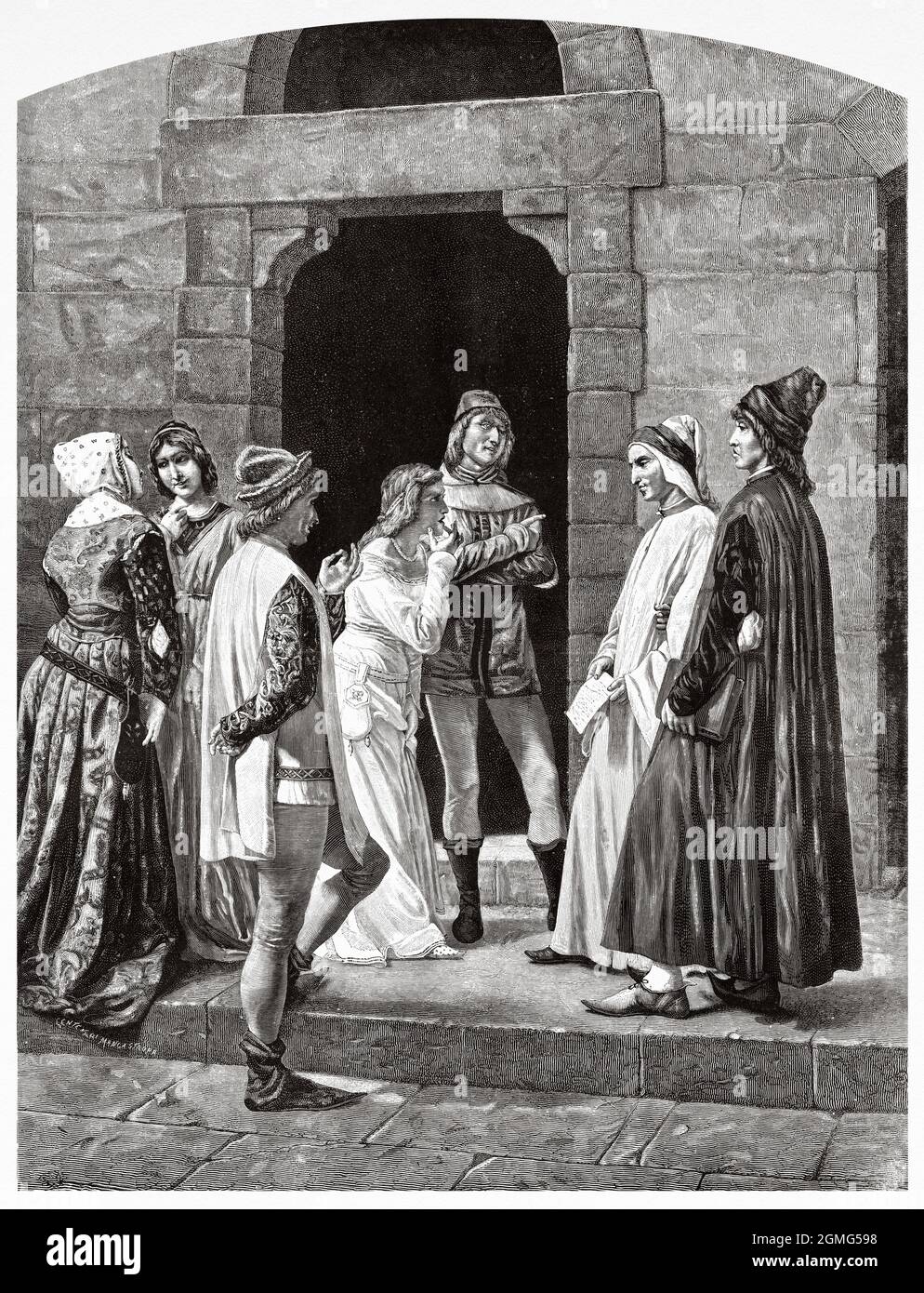 Dante en amour, peinture de Bernardo Celentano (1835-1863) est un peintre italien, représentant du réalisme. Ancienne illustration gravée du XIXe siècle de la Ilustración Artística 1882 Banque D'Images