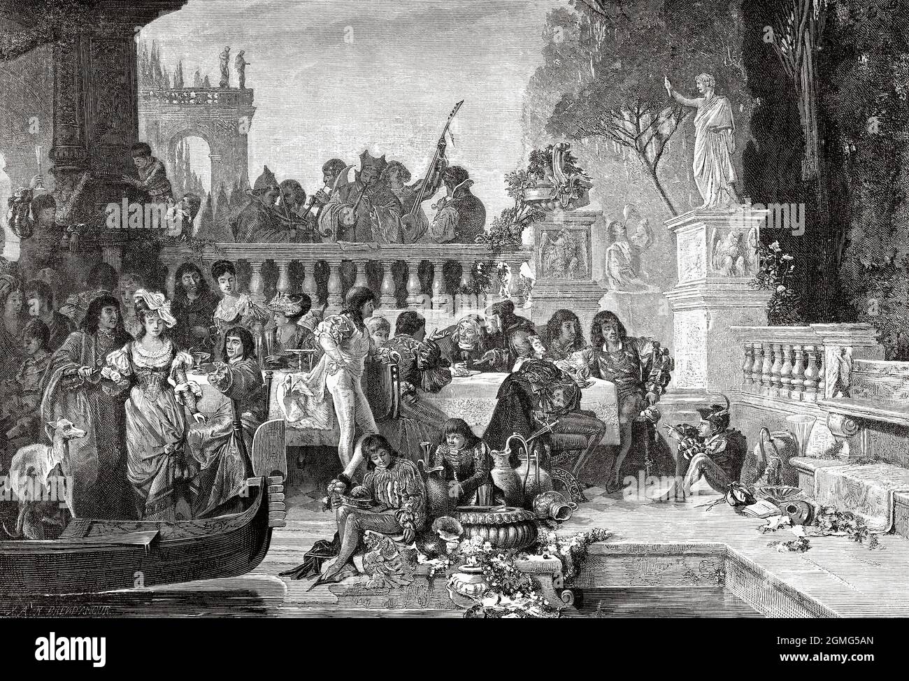 Un banquet à Venise, peinture de H Schneider. Ancienne illustration gravée du XIXe siècle de la Ilustración Artística 1882 Banque D'Images