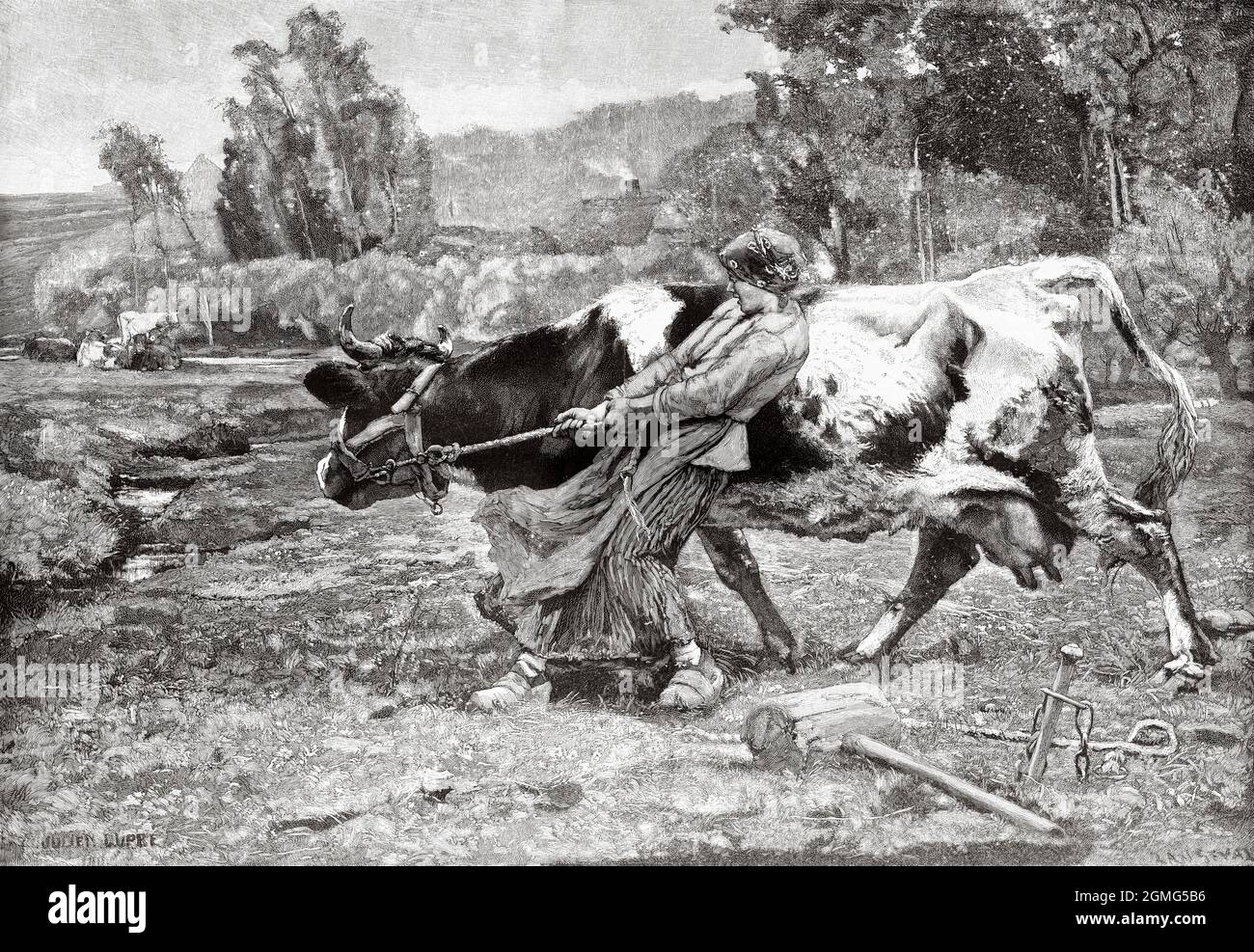 Sur les Prairies. Une femme de campagne s'occupe d'une vache, peinture de Julien Dupré (1851-1910) est un peintre français. Ancienne illustration gravée du XIXe siècle de la Ilustración Artística 1882 Banque D'Images