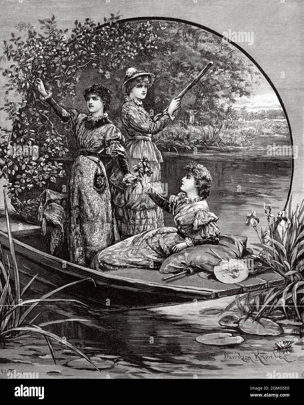 Joyeux jours. Trois jeunes et belles femmes s'amusent dans une promenade en bateau sur un lac, la peinture de George Sheridan Knowles (1863-1931) était un peintre britannique plus connu pour ses portraits et scènes de genre. Ancienne illustration gravée du XIXe siècle de la Ilustración Artística 1882 Banque D'Images Joyeux jours. Trois jeunes et belles femmes s'amusent dans une promenade en bateau sur un lac, la peinture de George Sheridan Knowles (1863-1931) était un peintre britannique plus connu pour ses portraits et scènes de genre. Ancienne illustration gravée du XIXe siècle de la Ilustración Artística 1882 Banque D'Images