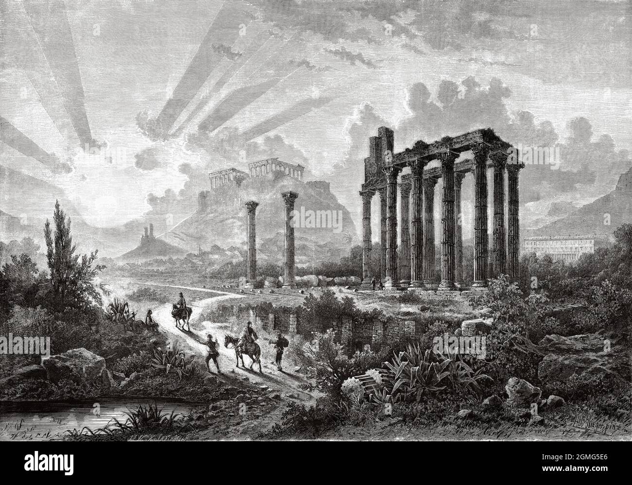 Ruines d'Athènes du Temple de Jupiter Olympique, peinture d'Albert Rieger (1834-1905) ancien XIXe siècle illustration gravée de la Ilustración Artística 1882 Banque D'Images