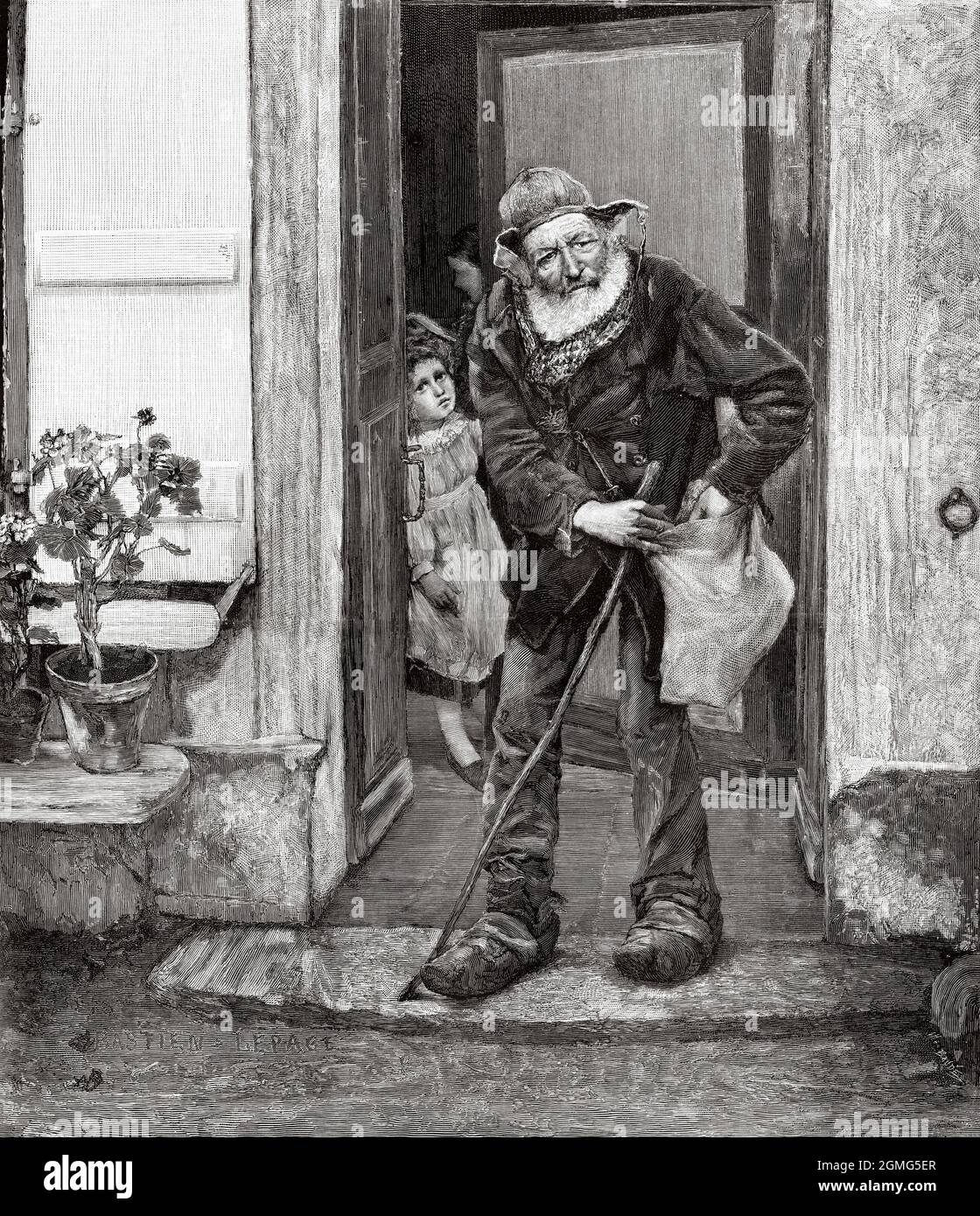 Le mendiant, peinture de Jules Bastien-Lepage (1848-1884) est un peintre naturaliste français. Ancienne illustration gravée du XIXe siècle de la Ilustración Artística 1882 Banque D'Images