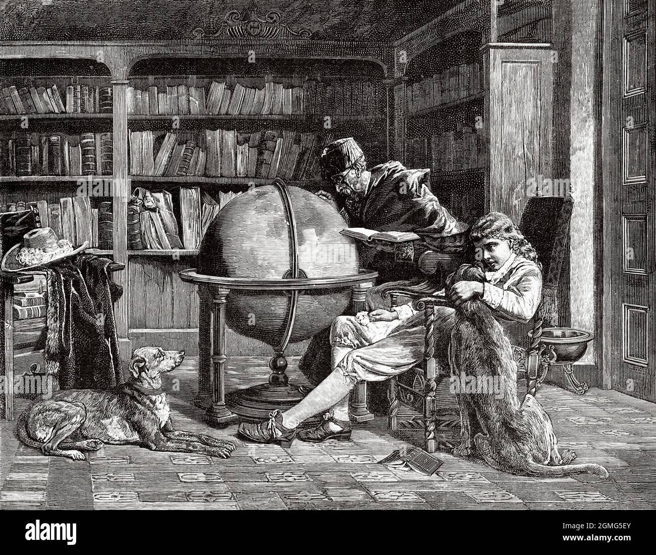 Leçon de géographie, peinture de John Bagnold Burgess (1829-1897) est un artiste anglais connu pour ses peintures de scènes historiques et de genre, principalement en Espagne. Ancienne illustration gravée du XIXe siècle de la Ilustración Artística 1882 Banque D'Images Leçon de géographie, peinture de John Bagnold Burgess (1829-1897) est un artiste anglais connu pour ses peintures de scènes historiques et de genre, principalement en Espagne. Ancienne illustration gravée du XIXe siècle de la Ilustración Artística 1882 Banque D'Images
