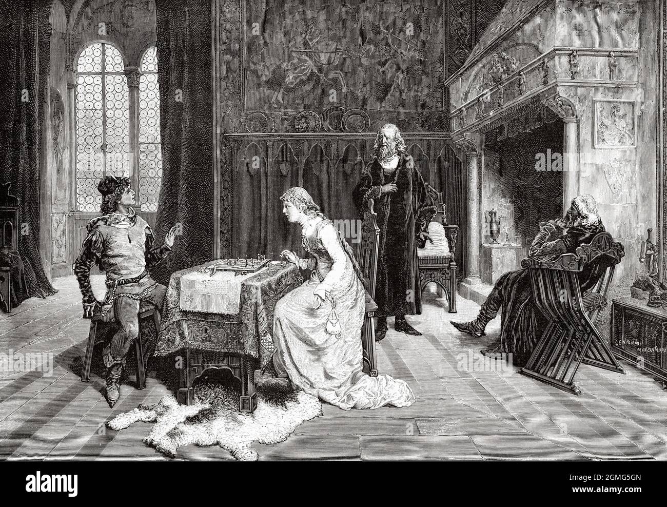 Le jeu d'échecs, peinture de Domenico Induno (1815-1878) était un peintre italien. Ancienne illustration gravée du XIXe siècle de la Ilustración Artística 1882 Banque D'Images