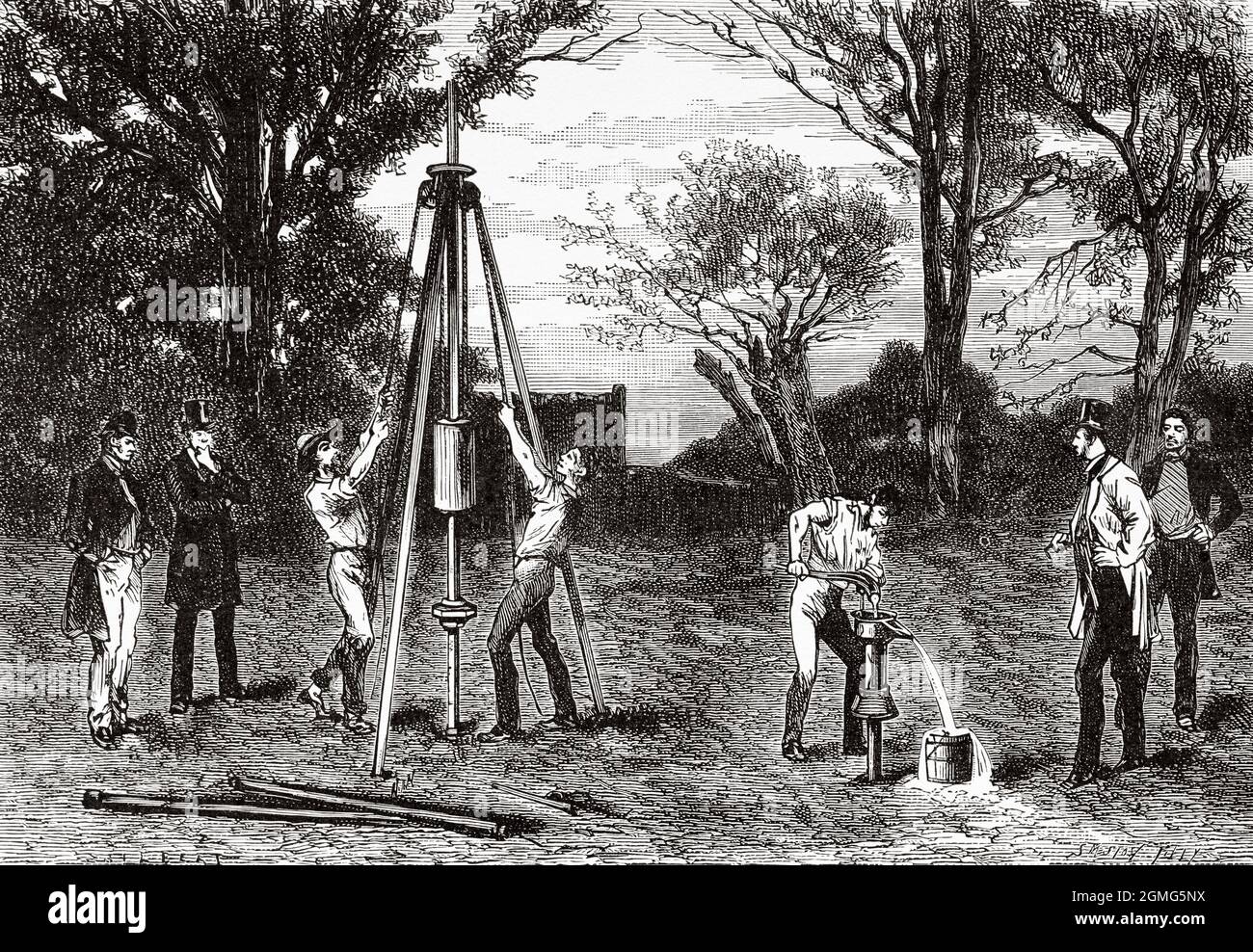 Forage de puits d'eau au XIXe siècle, système français. Ancienne illustration gravée du XIXe siècle de la Ilustración Artística 1882 Banque D'Images