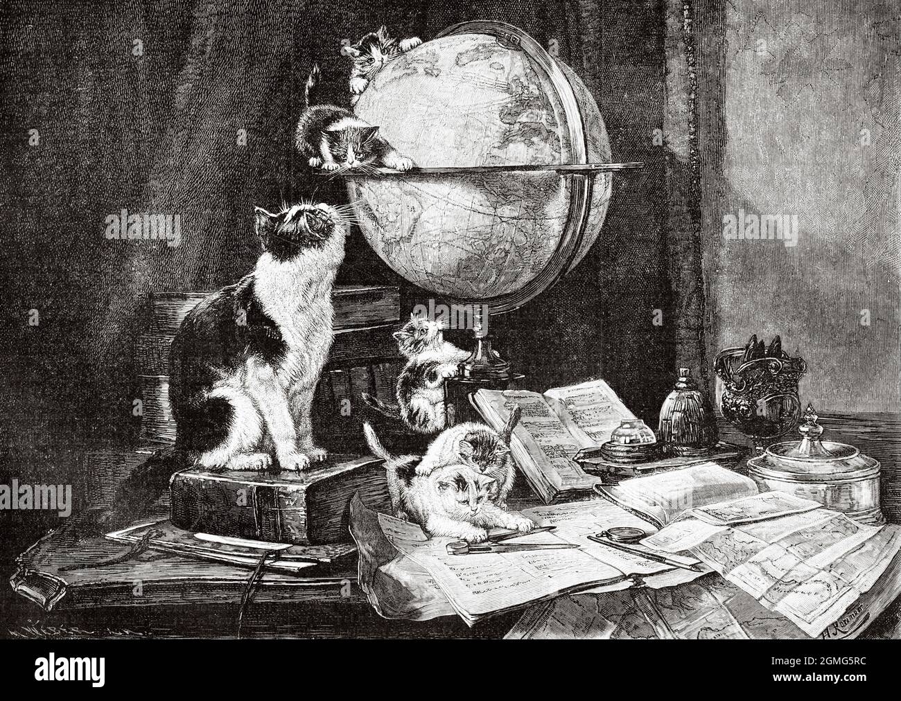 Partout dans le monde, les chats jouent avec une balle du monde, peinture par Henriette Ronner Knip (1821-1909) était un peintre hollandais-belge du style romantique connu principalement pour ses peintures d'animaux et, en particulier, de chats. Ancienne illustration gravée du XIXe siècle de la Ilustración Artística 1882 Banque D'Images