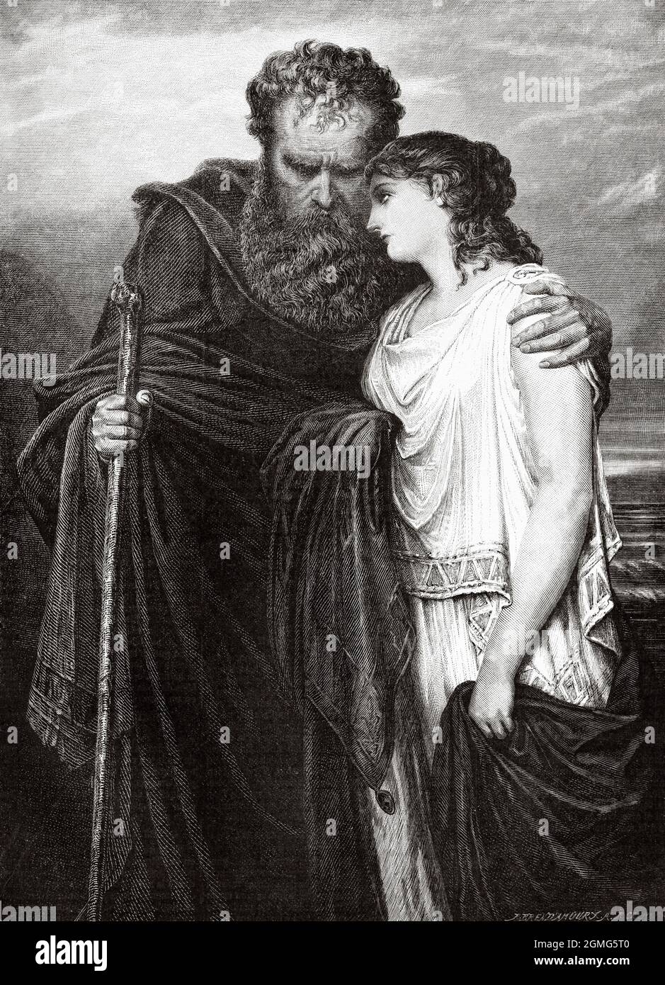 Oedipus et Antigone, peinture d'Emil Teschendorff (1833-1894) est un peintre allemand. Ancienne illustration gravée du XIXe siècle de la Ilustración Artística 1882 Banque D'Images