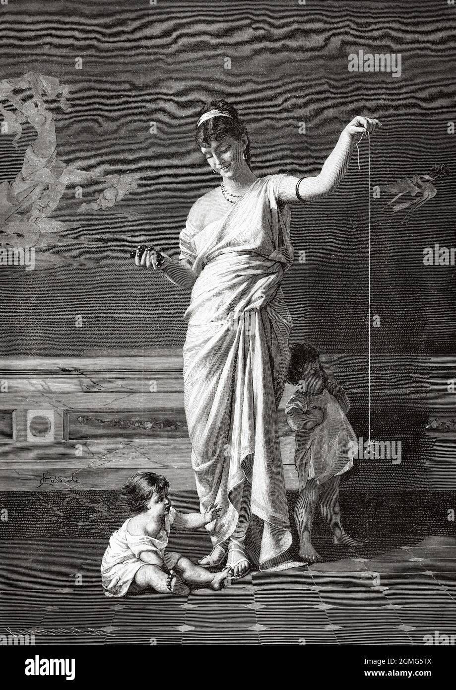 Scène nationale à l'époque grecque classique, la peinture d'Amos Cassioli (1832-1891) était un peintre italien, de scènes de bataille, de toiles historiques et de portraits. Il a travaillé dans un style Purismo. Ancienne illustration gravée du XIXe siècle de la Ilustración Artística 1882 Banque D'Images