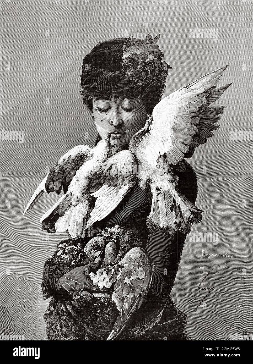Portrait d'une belle jeune femme avec des pigeons, peinture par Horacio Lengo Martínez (1838-1890) était un peintre espagnol de l'école de peinture de Malaga. Ancienne illustration gravée du XIXe siècle de la Ilustración Artística 1882 Banque D'Images