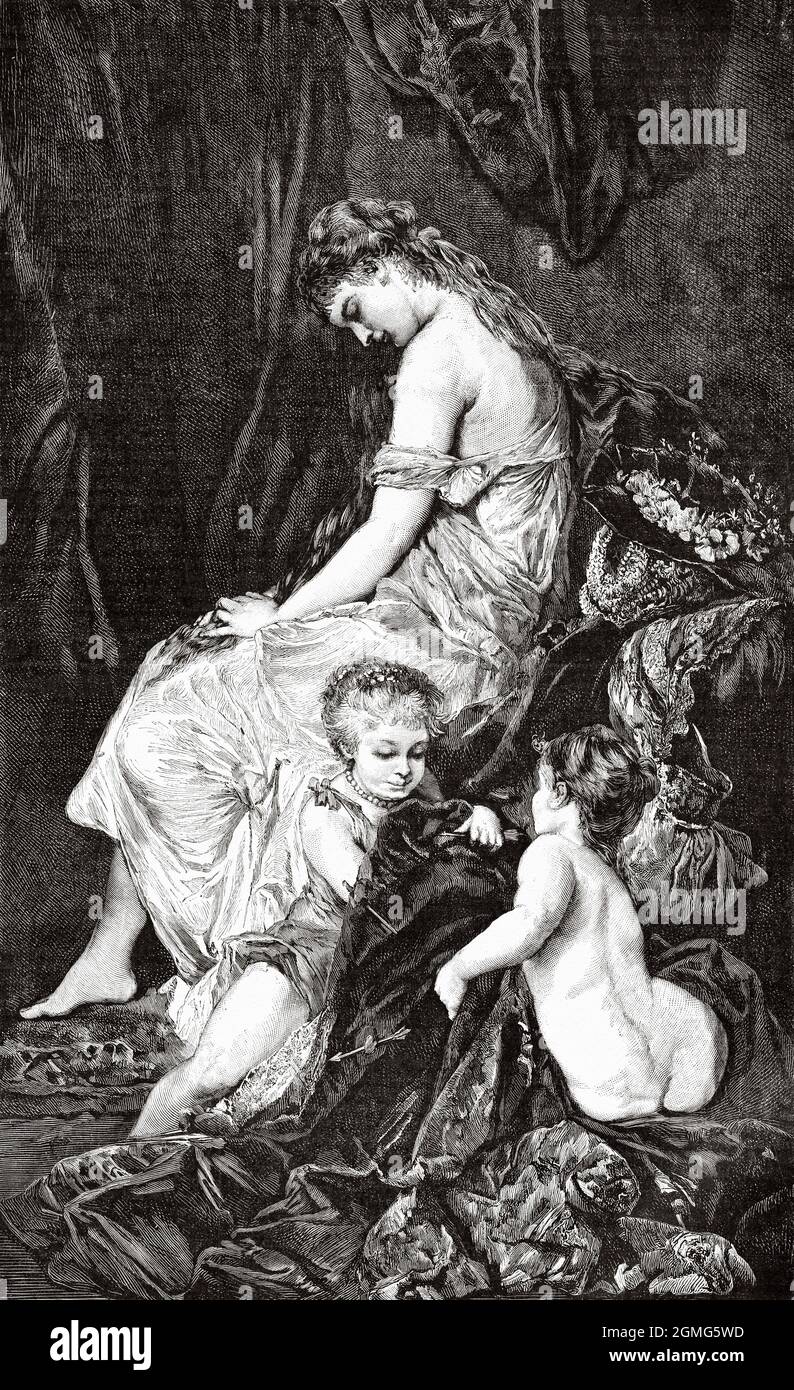 Le rêve, peinture de Hans Makart (1840-1884) était un décorateur académique autrichien du XIXe siècle, concepteur et peintre d'histoire. Ancienne illustration gravée du XIXe siècle de la Ilustración Artística 1882 Banque D'Images