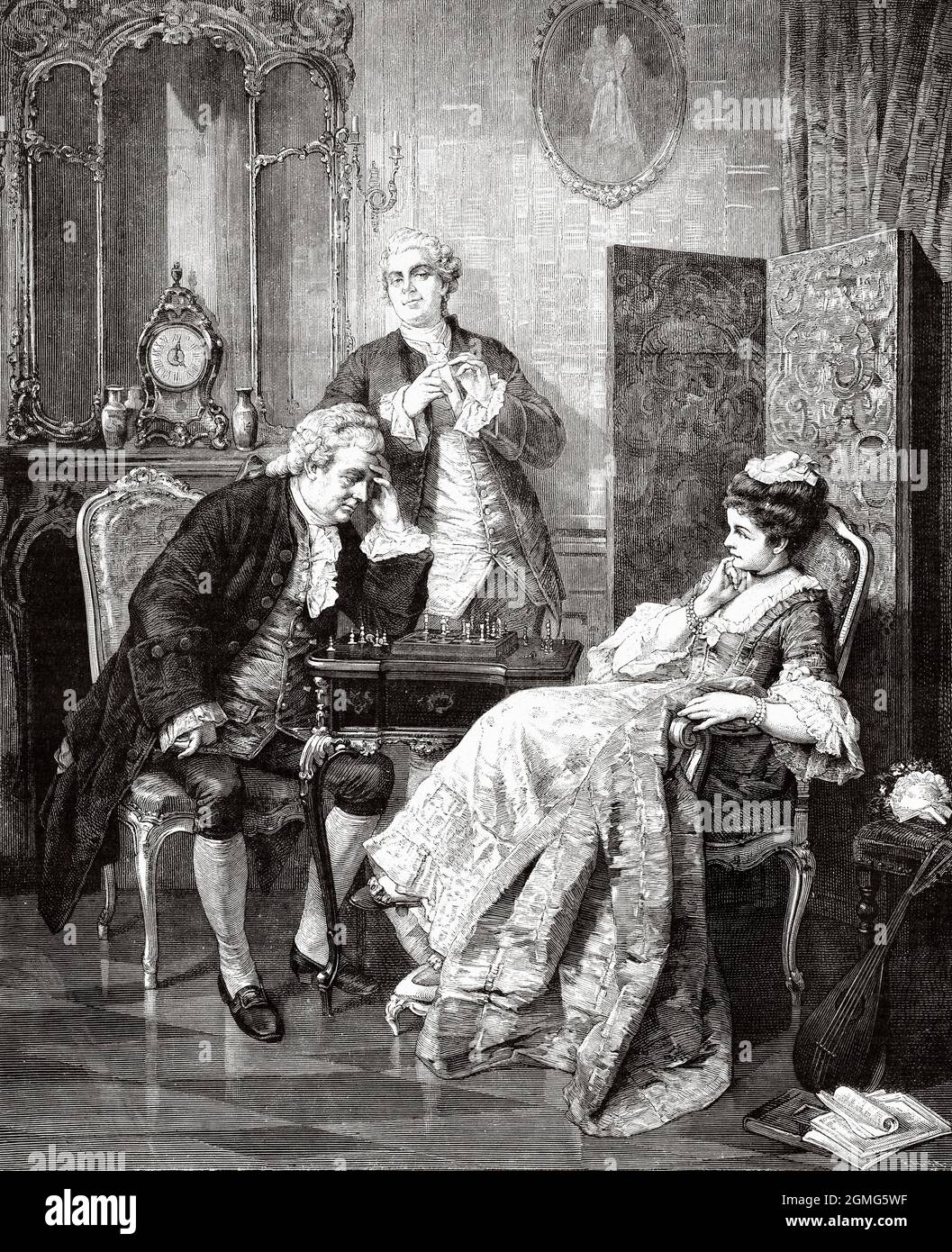 Chess Players, peinture par Otto Wilhelm Eduard Erdmann (1834-1905) est un peintre de genre allemand dans le style de renouveau de Rococo. Ancienne illustration gravée du XIXe siècle de la Ilustración Artística 1882 Banque D'Images