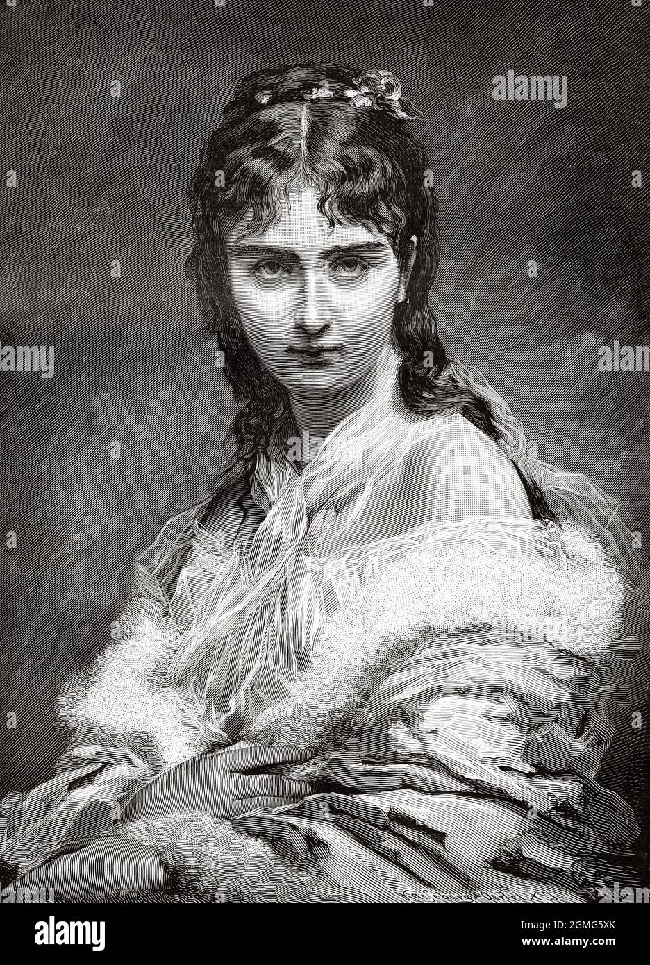 Portrait de la jeune femme, peinture de Charles Joshua Chaplin (1825-1891) est un peintre et graveur universitaire français. Ancienne illustration gravée du XIXe siècle de la Ilustración Artística 1882 Banque D'Images