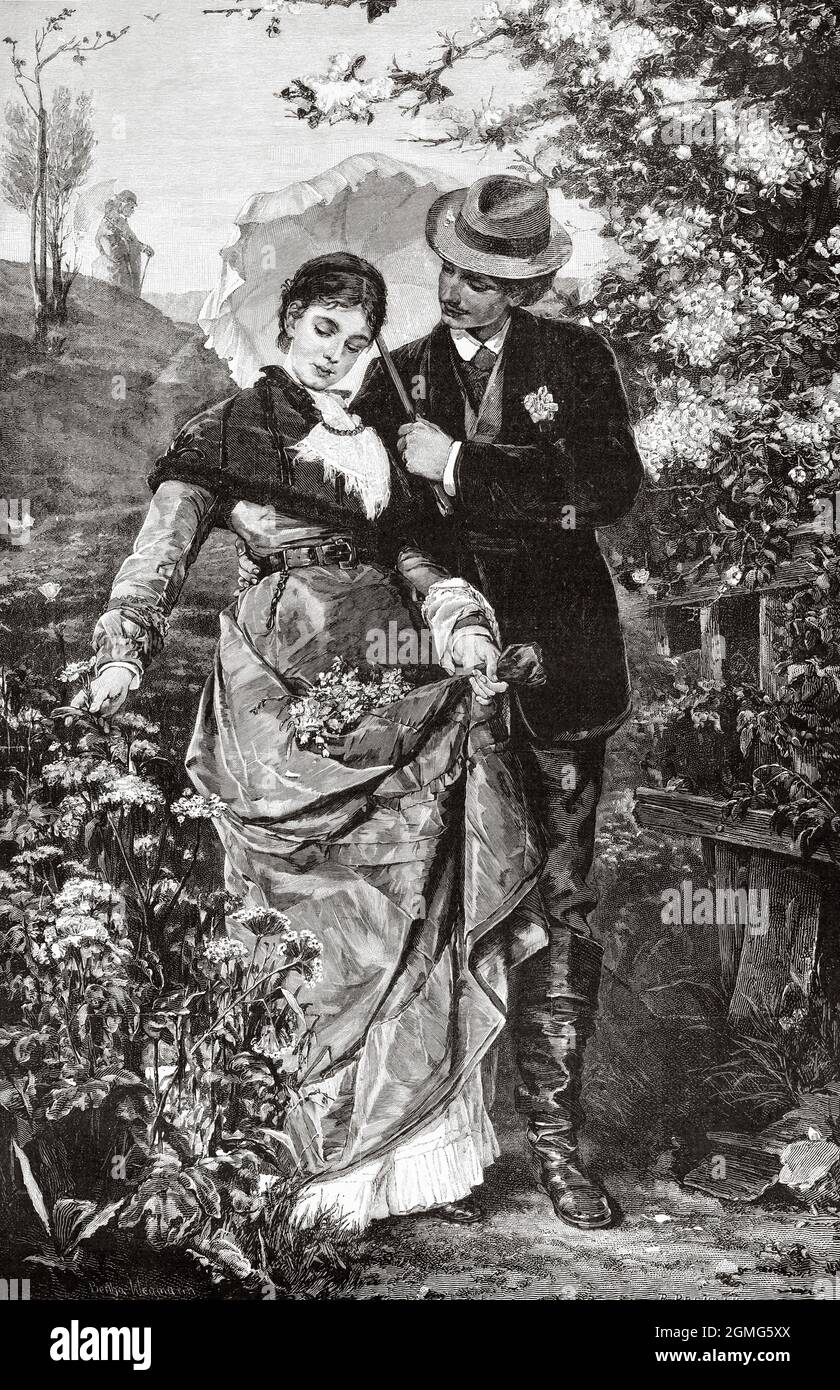 Amour et fleurs, peinture par de Bertha Wegmann (1847-1926) était un portraitiste danois d'origine allemande. Ancienne illustration gravée du XIXe siècle de la Ilustración Artística 1882 Banque D'Images