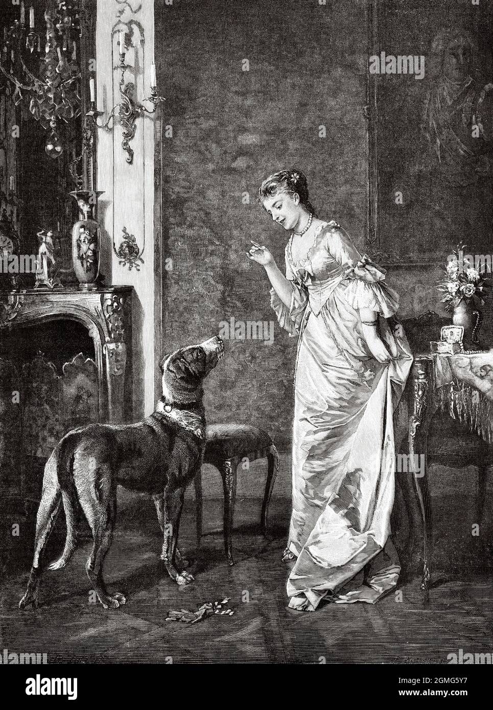 Le chien désobéissant, peint par Un Kaudnitz. Ancienne illustration gravée du XIXe siècle de la Ilustración Artística 1882 Banque D'Images