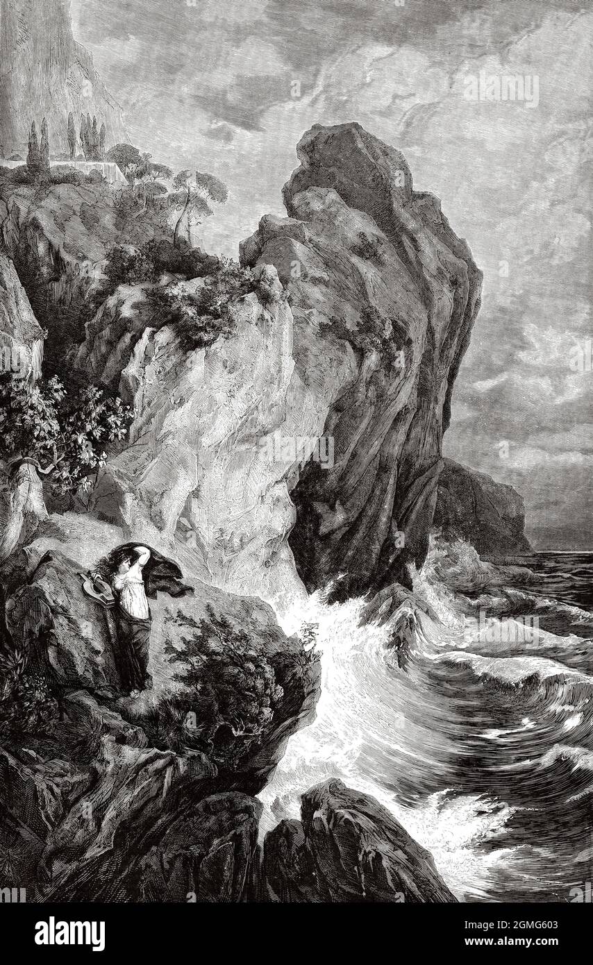 Sappho sur les rochers de Lefkada. Le suicide de Sappho, peinture d'Edmund Friedrich Kanoldt (1845-1904) est un peintre allemand. Ancienne illustration gravée du XIXe siècle de la Ilustración Artística 1882 Banque D'Images