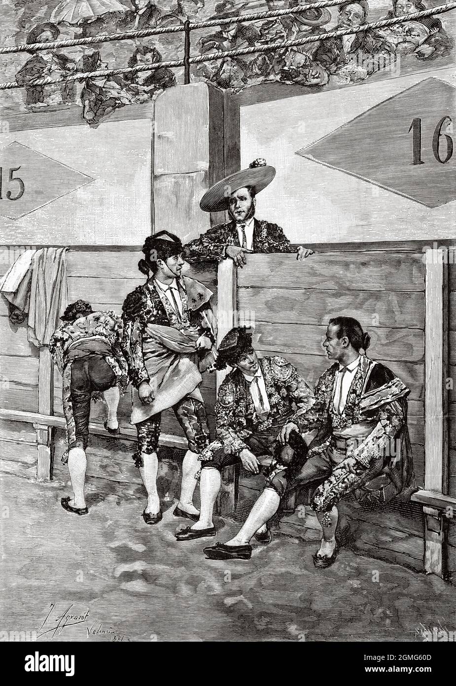 Les toréalistes dans l'arène, peinture de Joaquín Agrasot Juan (1836-1914) était un peintre espagnol, encadré dans le genre réaliste et les manières. Ancienne illustration gravée du XIXe siècle de la Ilustración Artística 1882 Banque D'Images
