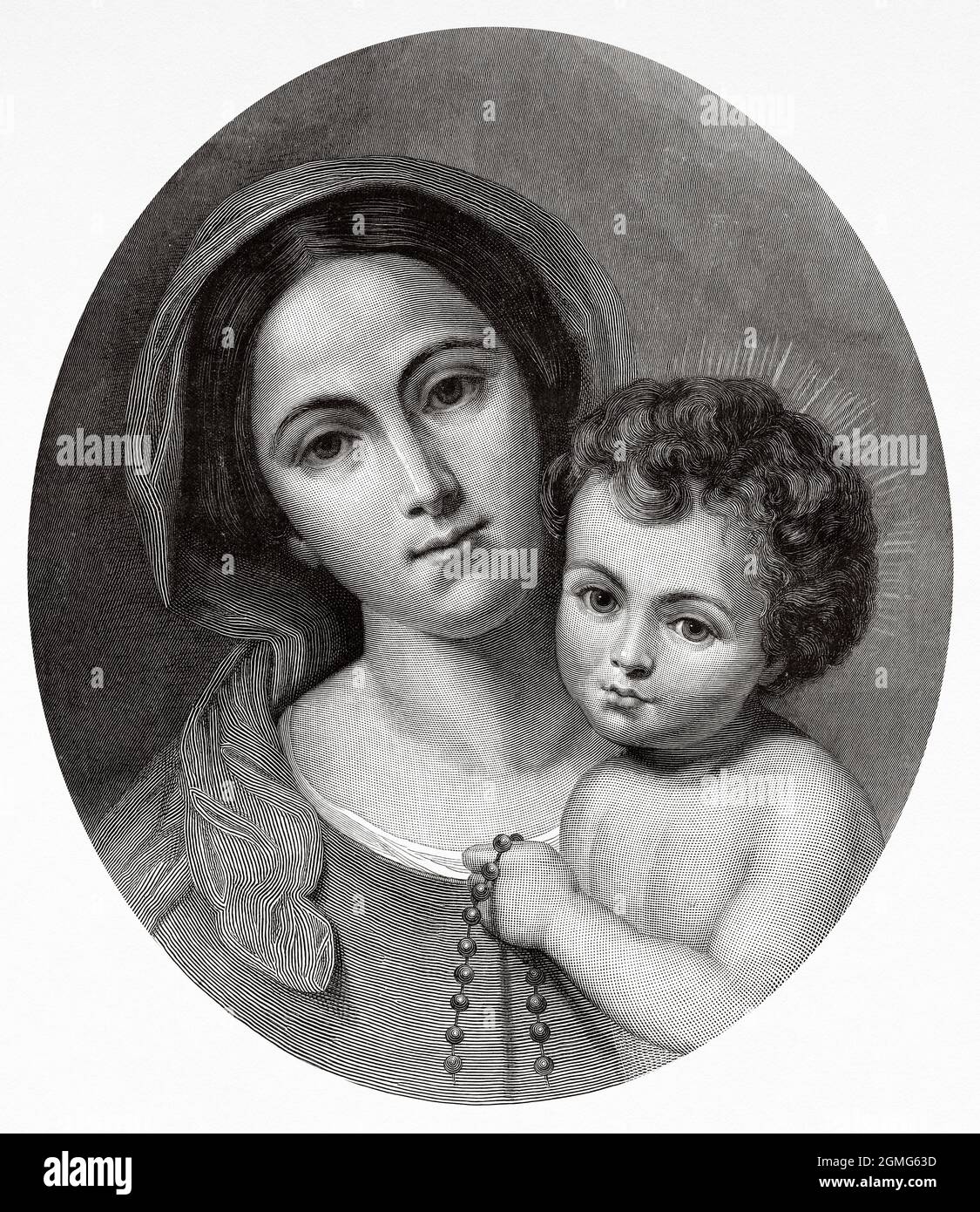 La Vierge Marie avec le bébé Jésus sur ses genoux, peinture de Bartolomé Esteban Murillo (1618-1682) était un peintre baroque espagnol. Ancienne illustration gravée du XIXe siècle de la Ilustración Artística 1882 Banque D'Images