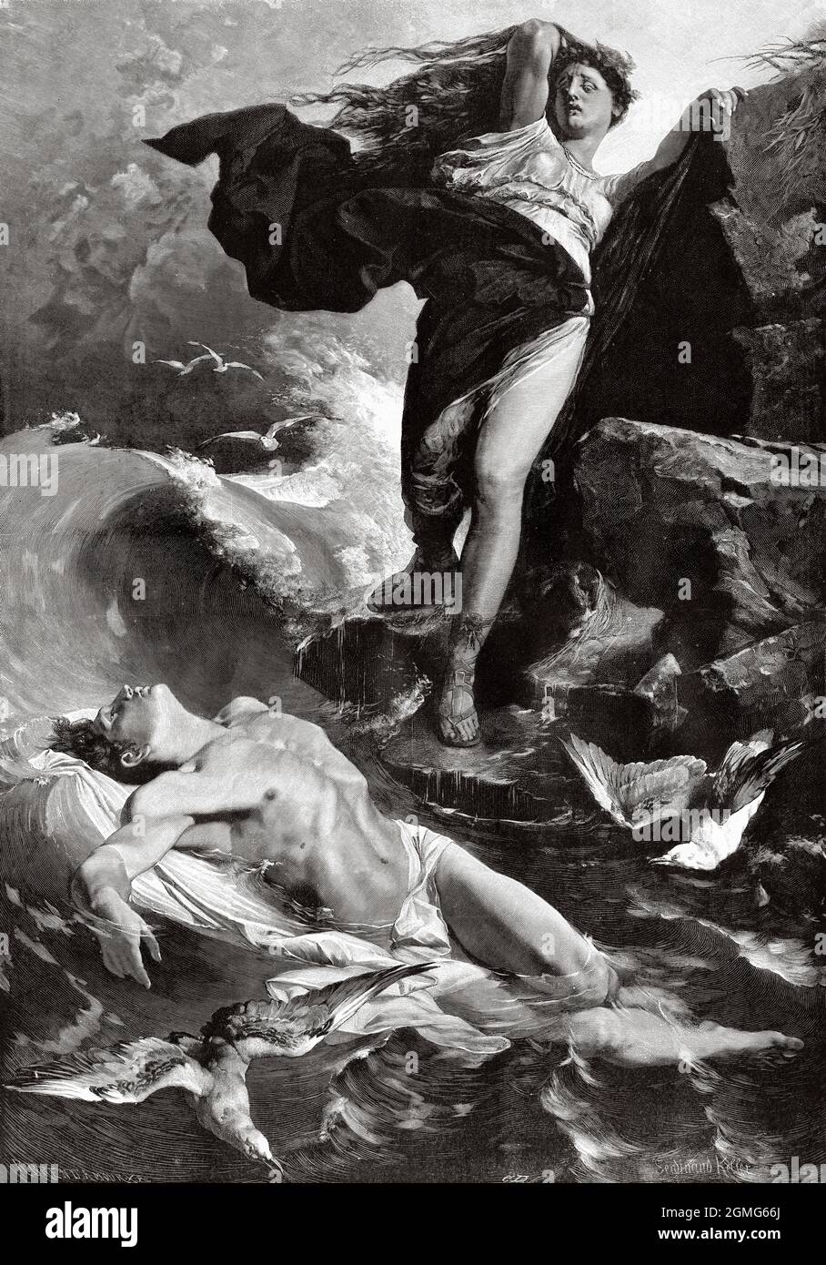 Héros et Leander. Mythe grec sur deux mélomanes malheureux. L'Histoire grecque ancienne, peinture de Ferdinand Keller (1842-1922) était un peintre allemand, à mi-chemin entre académicisme et symbolisme. Ancienne illustration gravée du XIXe siècle de la Ilustración Artística 1882 Banque D'Images