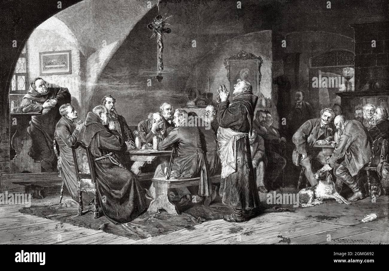 La cave d'un couvent allemand au son de l'appel de prière, peinture par Eduard Theodor Grützner. Ritter von Grützner (1846-1925) était un peintre de genre allemand, notamment des représentations de moines, ainsi que de Falstaff. Ancienne illustration gravée du XIXe siècle de la Ilustración Artística 1882 Banque D'Images La cave d'un couvent allemand au son de l'appel de prière, peinture par Eduard Theodor Grützner. Ritter von Grützner (1846-1925) était un peintre de genre allemand, notamment des représentations de moines, ainsi que de Falstaff. Ancienne illustration gravée du XIXe siècle de la Ilustración Artística 1882 Banque D'Images