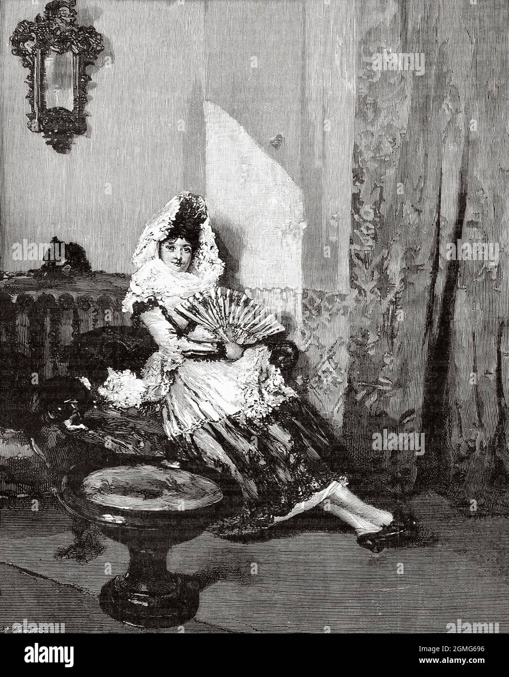 La maja, peinture d'Eduardo Zamacois y Zabala (1841-1871) était un peintre espagnol, qui s'est spécialisé dans les peintures de petit format à un goût académique. Il est considéré comme le premier artiste basque à succès international. Ancienne illustration gravée du XIXe siècle de la Ilustración Artística 1882 Banque D'Images