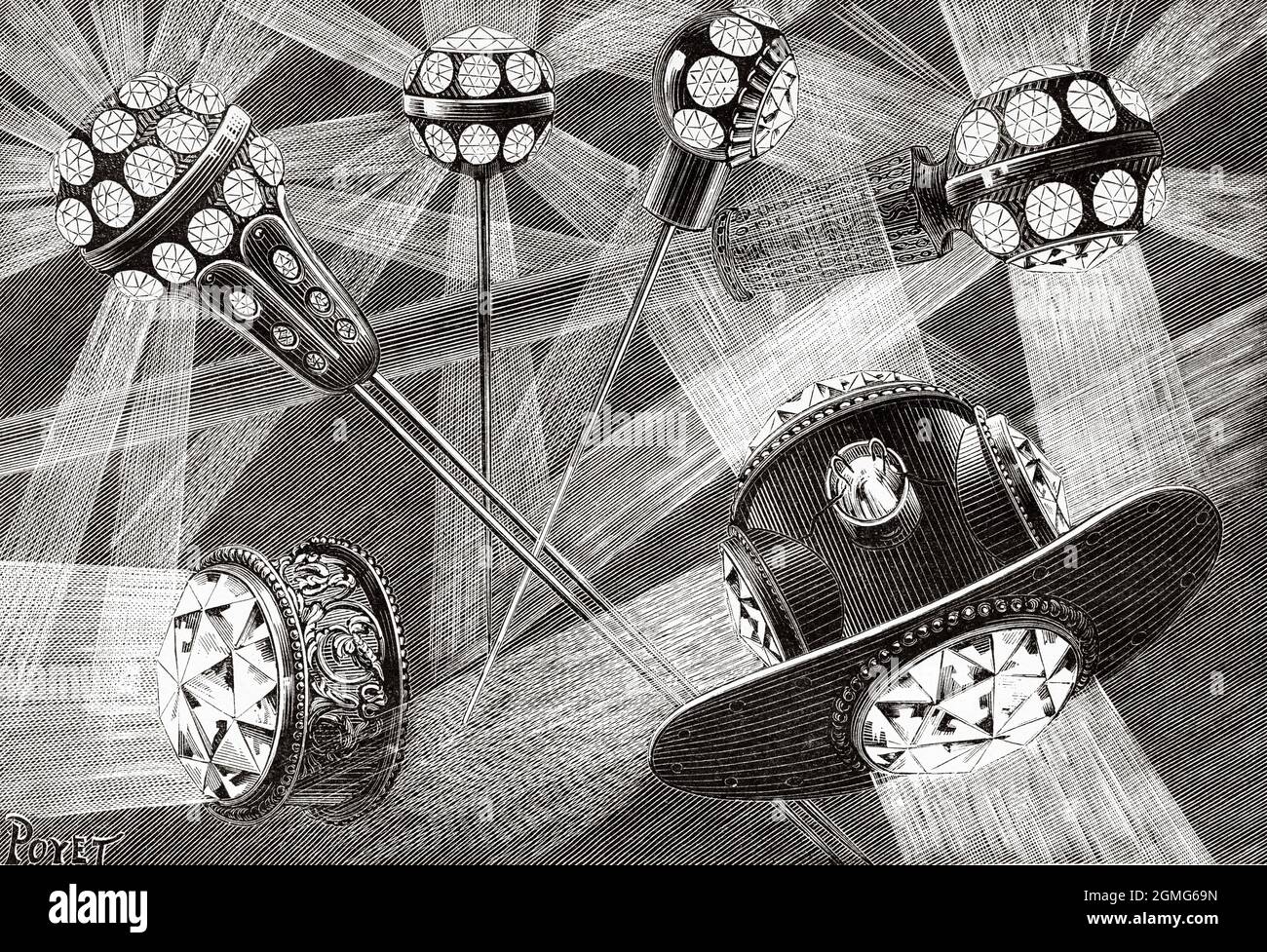 Bijoux électriques, électricité dans le théâtre. Bijoux électro-mobiles, nouveaux bijoux électriques lumineux par Gustave Pierre trouvé (1839-1902) ingénieur électrique français du XIXe siècle, France. Europe. Ancienne illustration gravée du XIXe siècle de la nature 1883 Banque D'Images