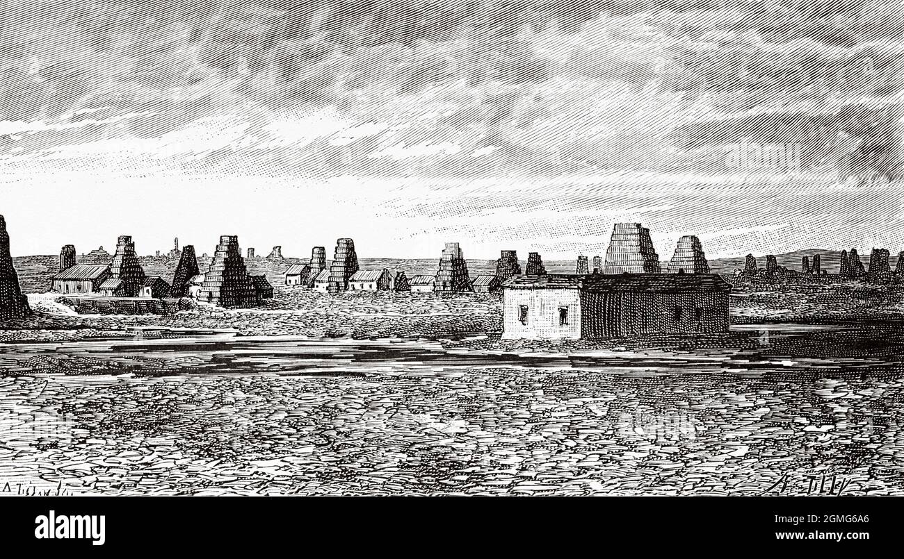Puits de pétrole dans la plaine de Balakhani près de Bakou. Azerbaïdjan. Ancienne illustration gravée du XIXe siècle de la nature 1883 Banque D'Images
