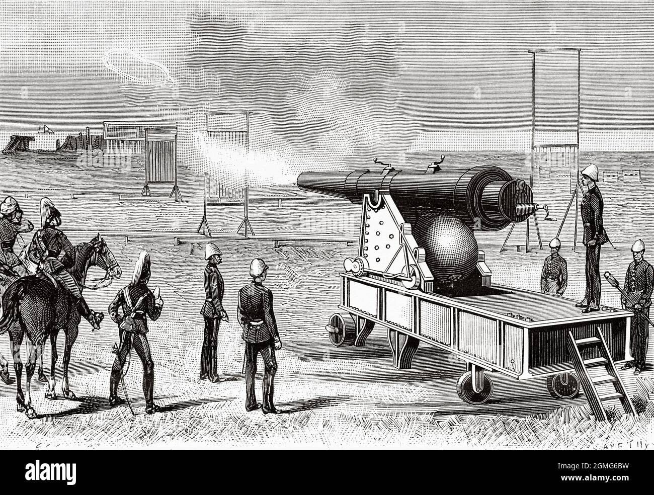 Cannon travaille sur le principe de la multicharge des inventeurs américains Azel S. Lyman et James Richard Haskell de 1883. Propulseur principal 60 kg poudre propulsifs auxiliaires 12.7 kg chacun. Ancienne illustration gravée du XIXe siècle de la nature 1883 Banque D'Images