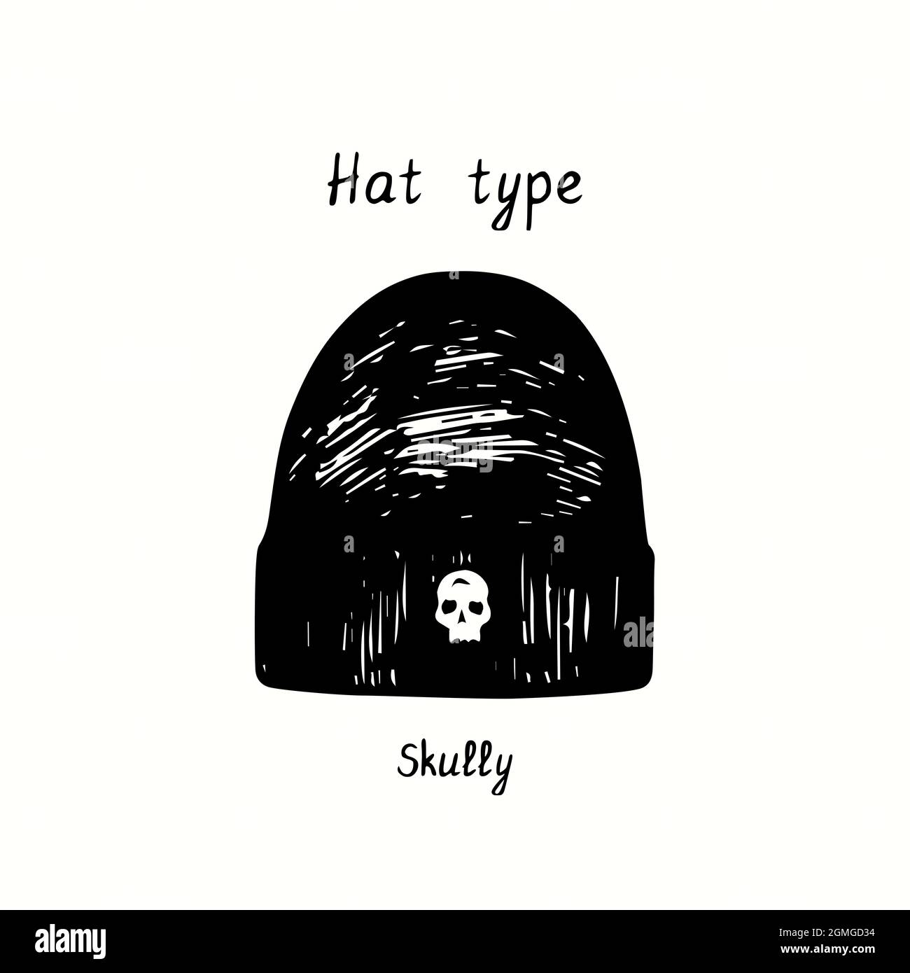 Type de chapeau, Skully. Illustration de la mise en plan noir et blanc à l'encre Banque D'Images