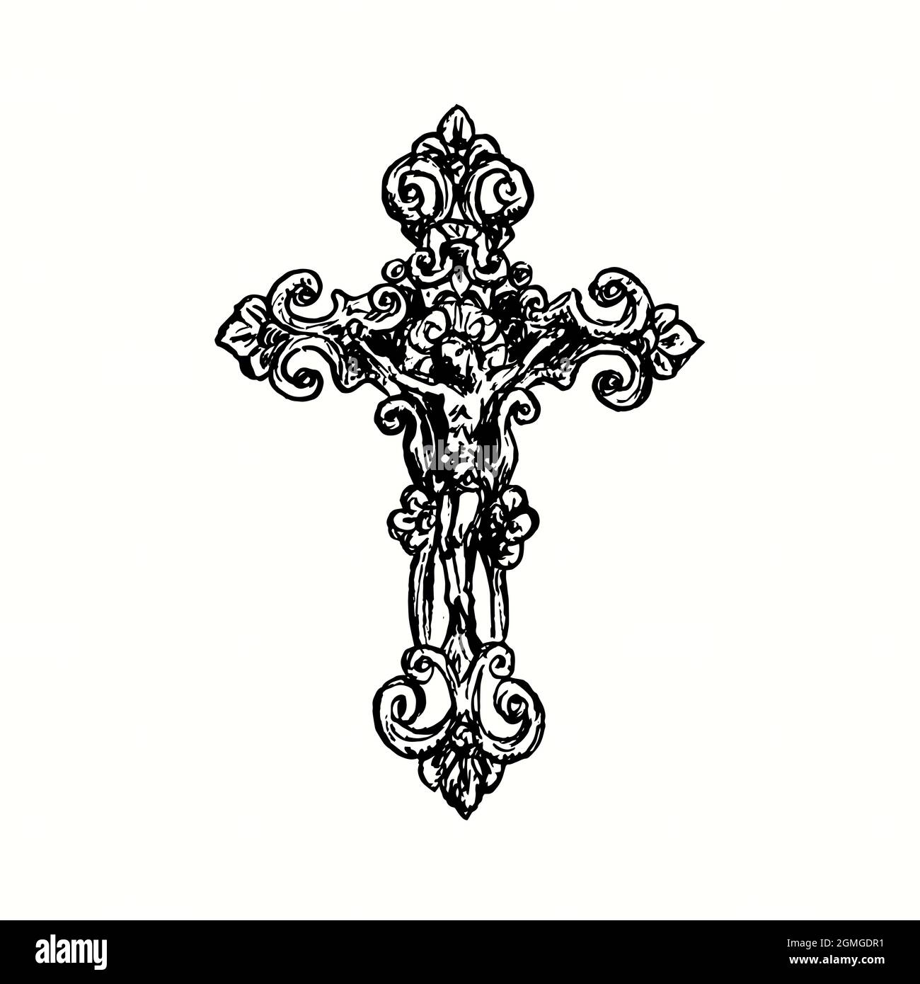 Croix décorative de style vintage avec Crucifixion. Illustration de dessin noir et blanc Banque D'Images