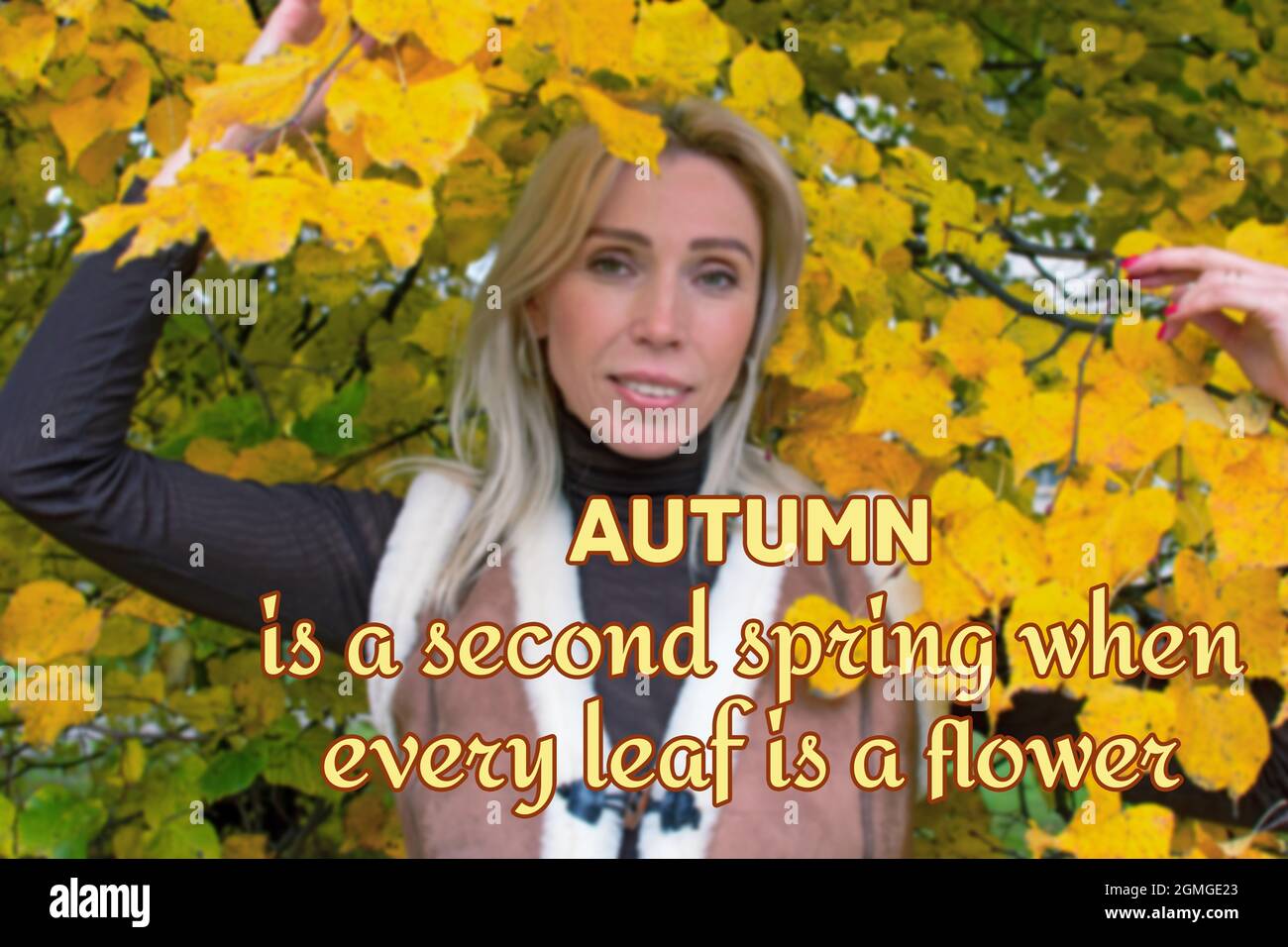 citation positive motivationnelle inspirante de la vie sur la beauté de l'automne. Image floue d'une femme aux longs cheveux blonds sur un fond de golde Banque D'Images